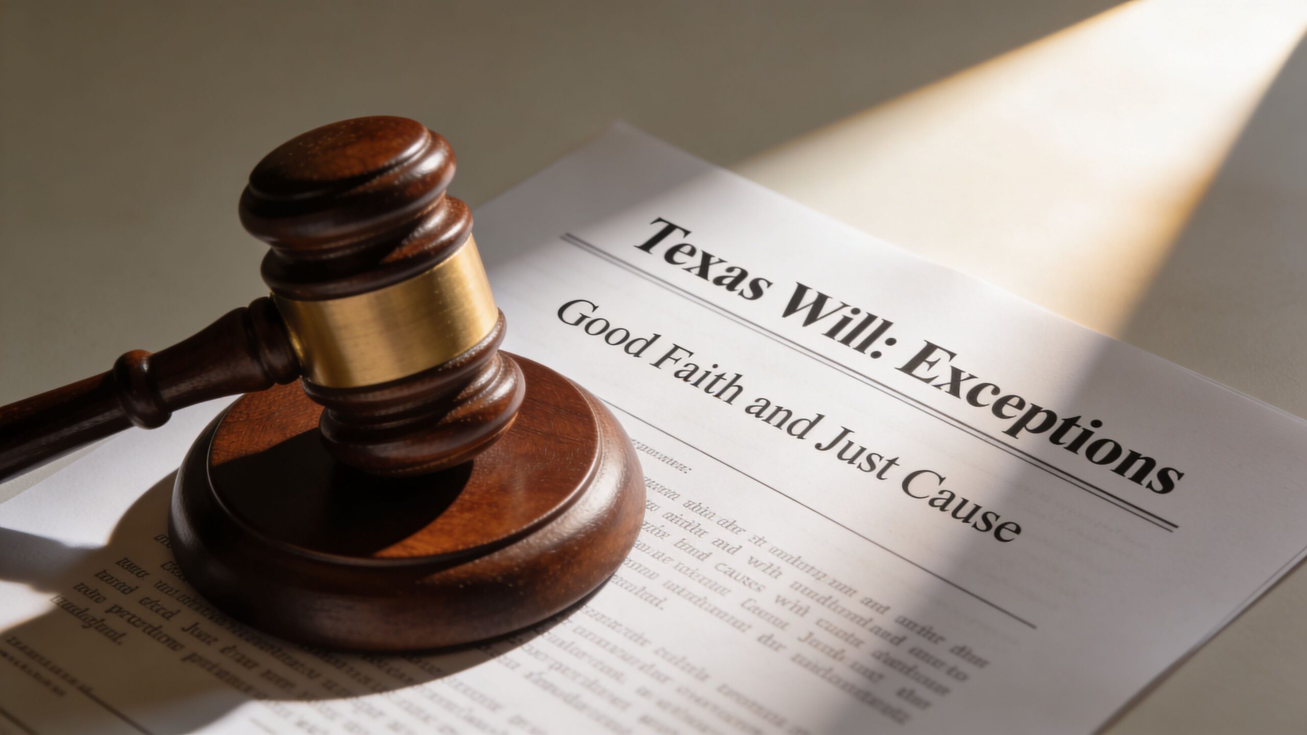 A wooden gavel resting on a legal document titled Texas Will Exceptions regarding good faith and cause.
