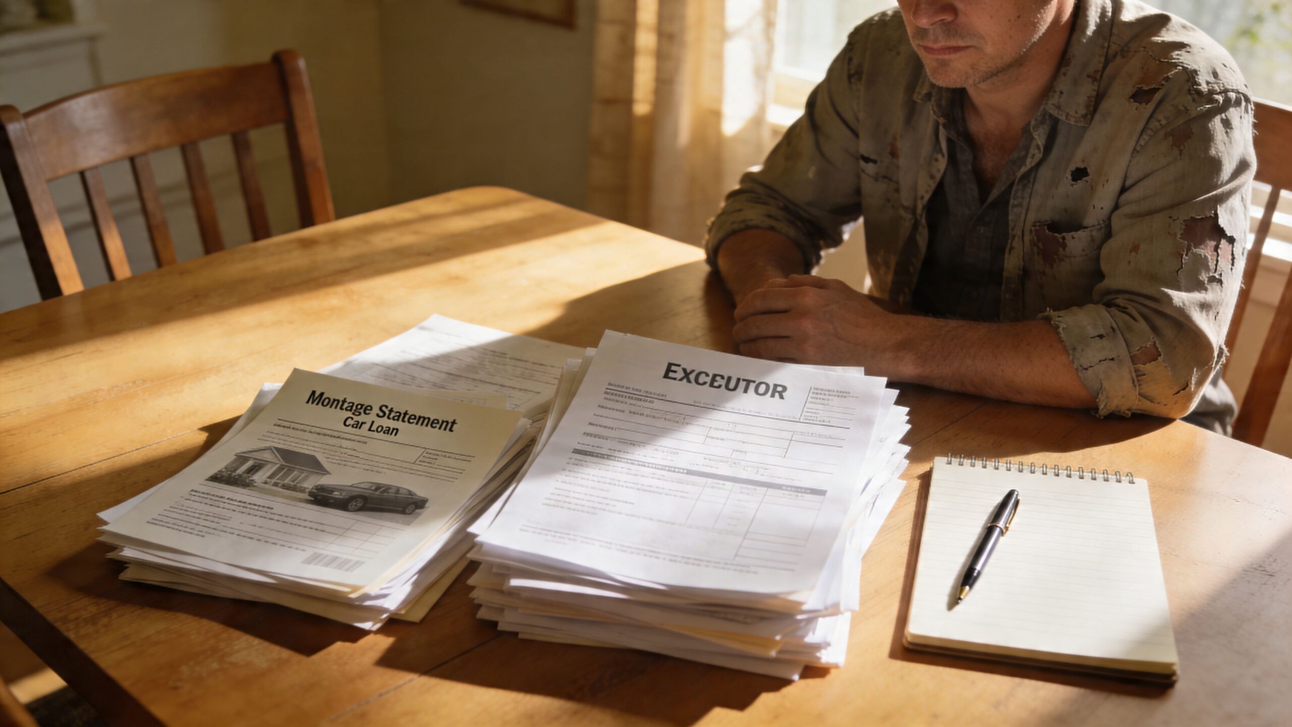 A distressed man sits at a wooden table reviewing stacks of financial legal documents and loan statements.