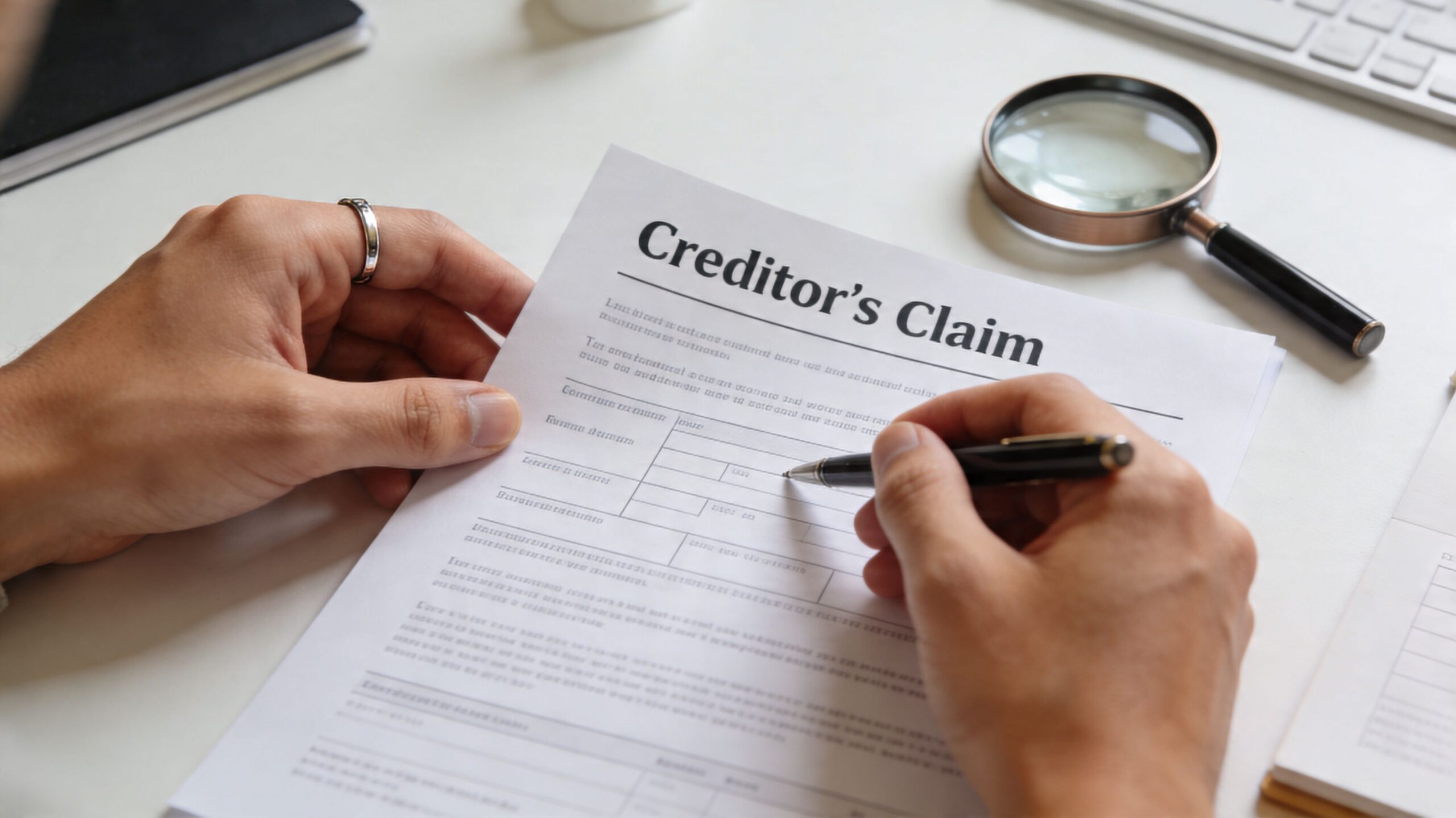 A person is carefully filling out a Creditor’s Claim legal document with a pen at a desk.