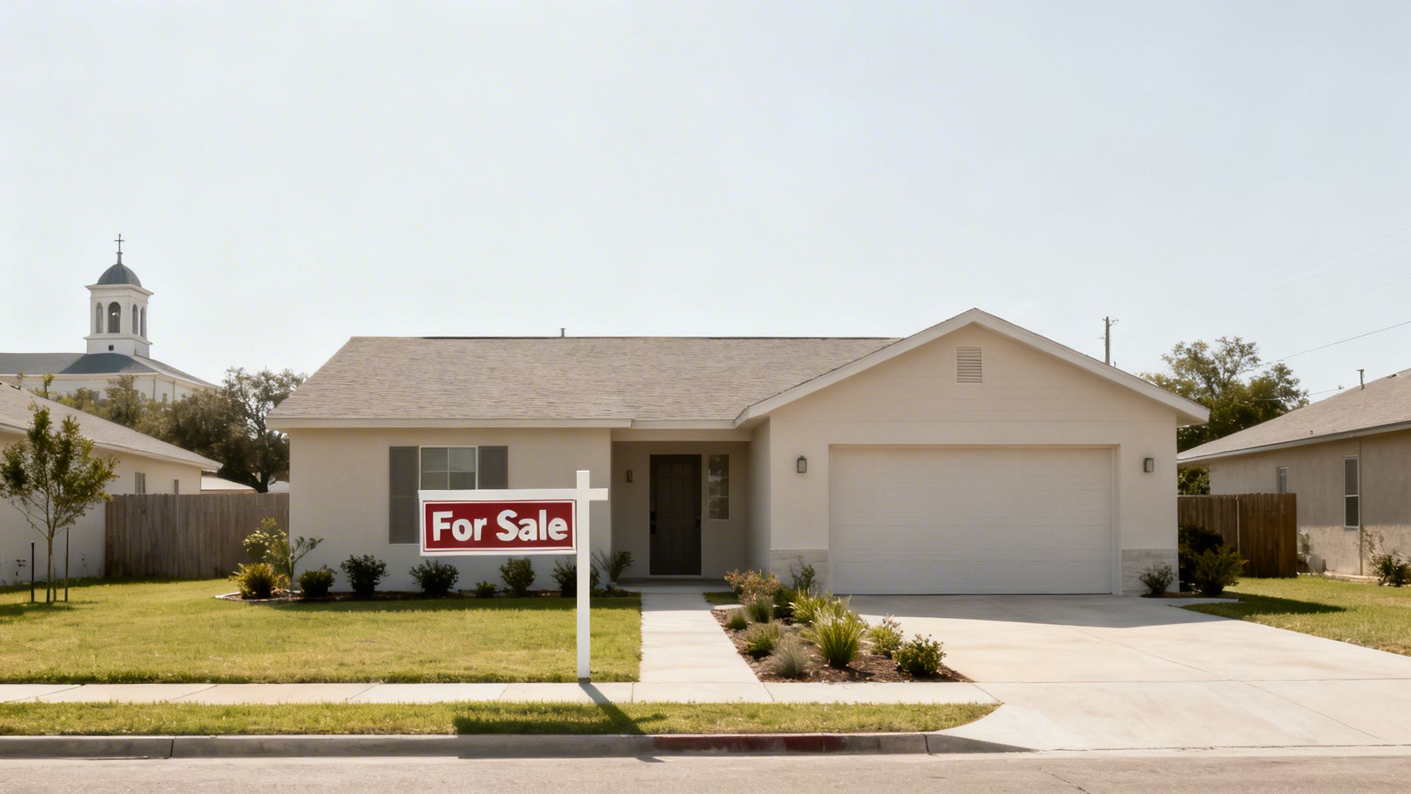 A light-colored, single-story house with a 'For Sale' sign in the front yard.