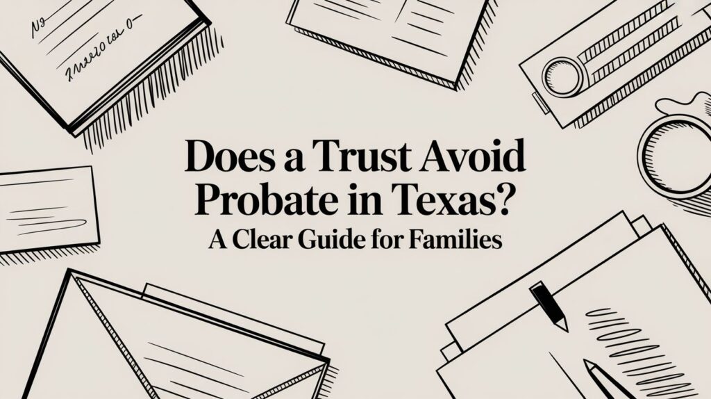 Graphic featuring the text "Does a Trust Avoid Probate in Texas? A Clear Guide for Families" surrounded by illustrations of legal documents and tools, emphasizing estate planning and probate avoidance for Texas families.