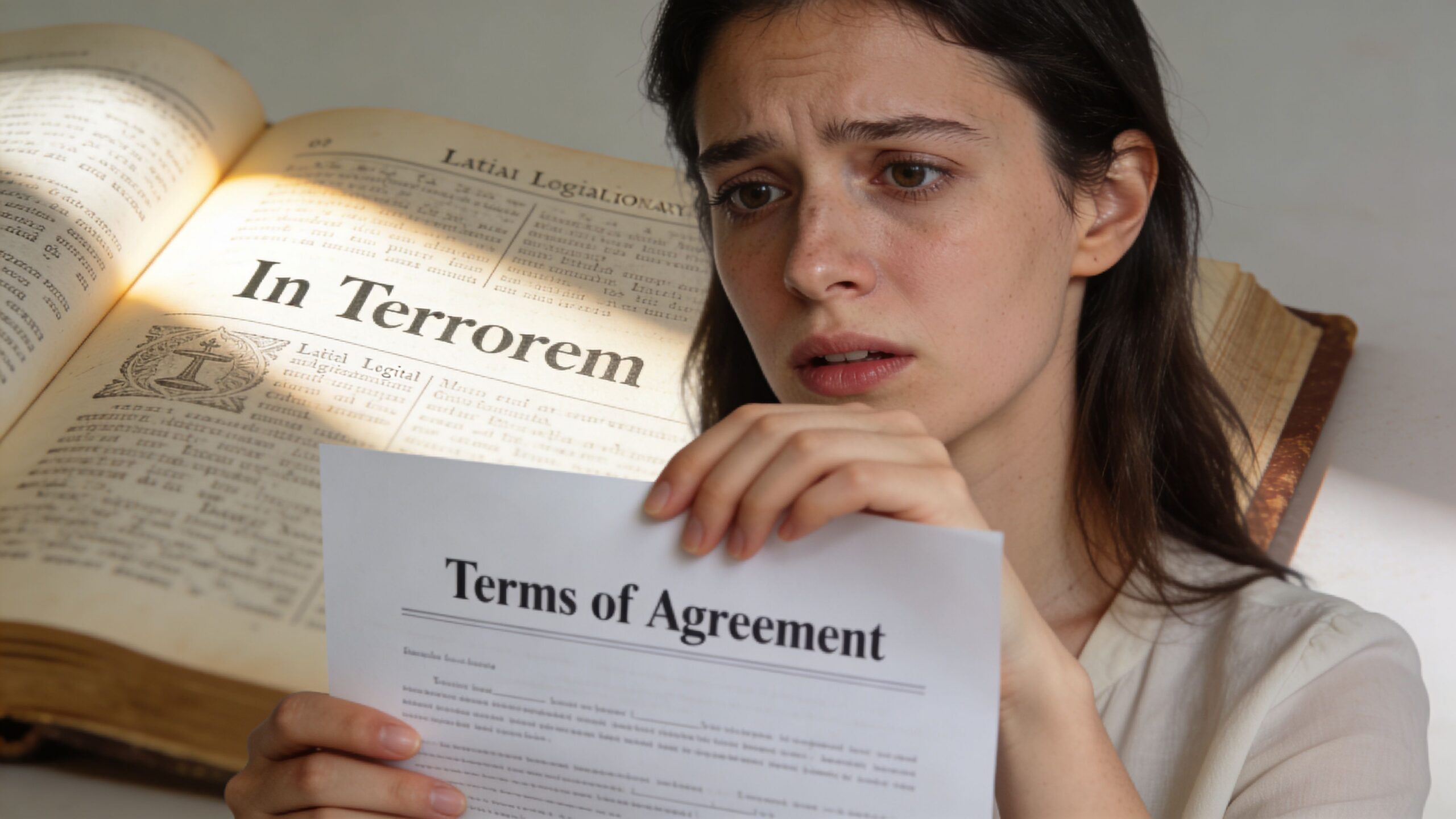 A distressed woman looking at a legal document titled Terms of Agreement with a large book behind.