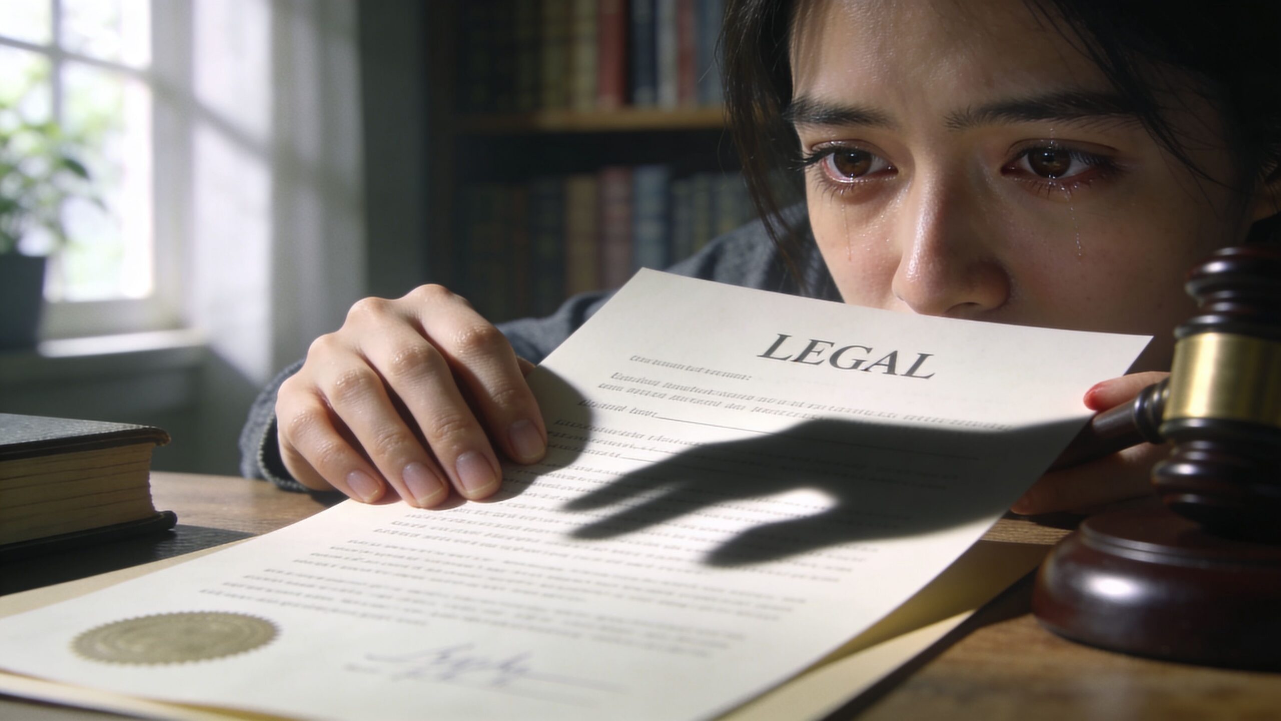 A distressed woman crying while holding a legal document with a menacing shadow cast upon it.