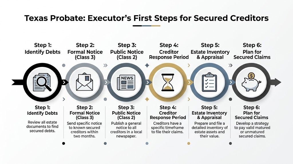 A flowchart infographic outlining the six essential steps for Texas executors handling secured creditor claims during probate.