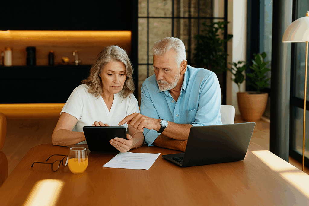Older couple discussing estate planning on a tablet, surrounded by documents and a laptop, emphasizing the importance of managing valuable assets in Texas probate law.
