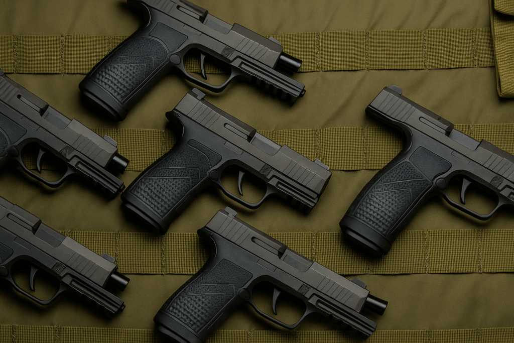Collection of handguns on tactical fabric background, relevant to Texas probate law and firearm inheritance regulations.