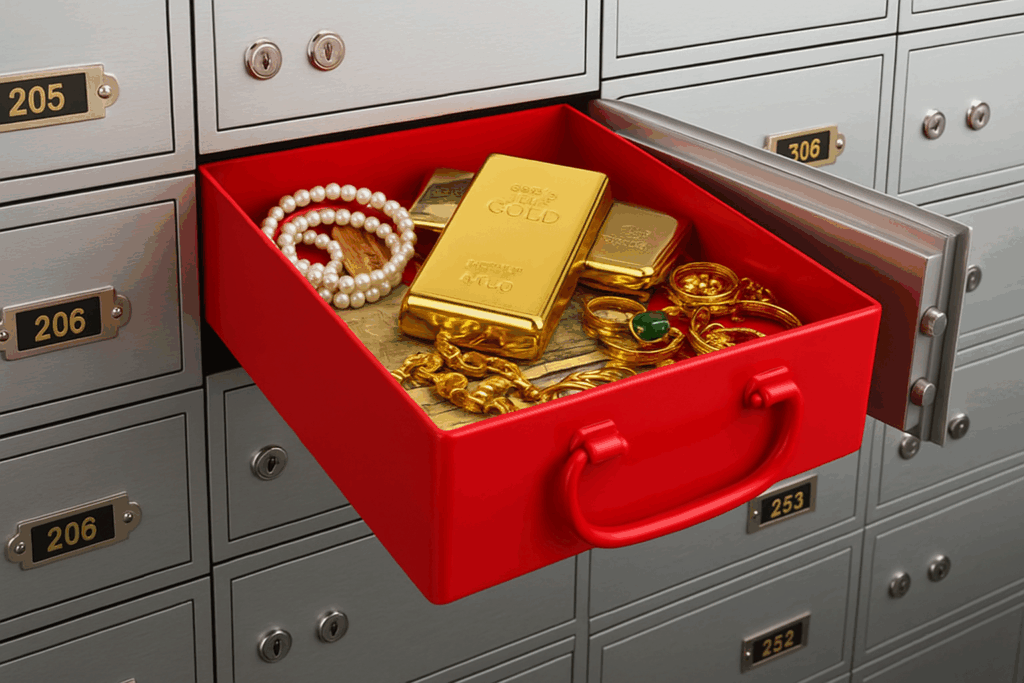 Red drawer containing gold bars, pearl necklace, and assorted jewelry in a safe deposit box, representing valuable assets in probate law.