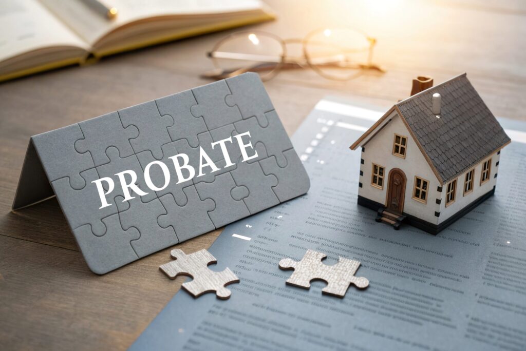 Puzzle piece labeled "PROBATE" next to a miniature house on legal documents, symbolizing probate court processes and estate planning challenges.