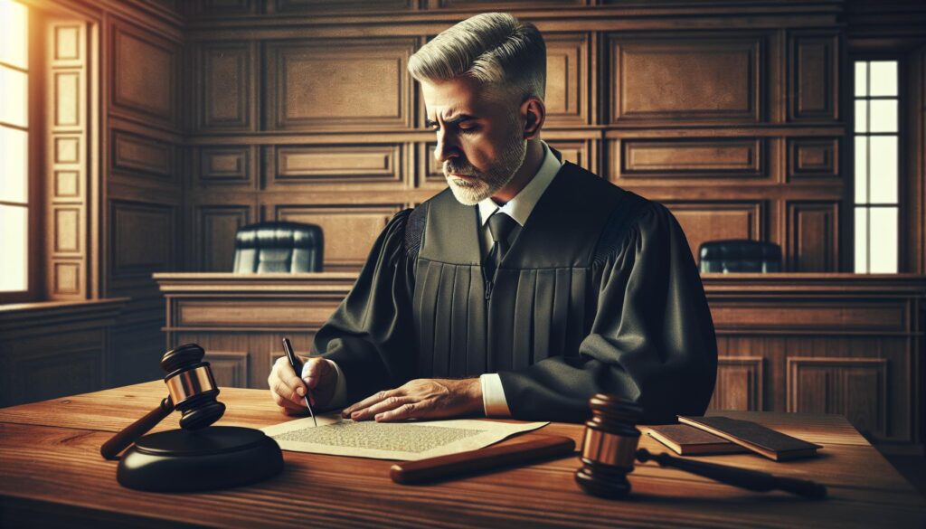 Judge writing legal documents in courtroom, gavel and law books on table, emphasizing probate court's role in estate administration.