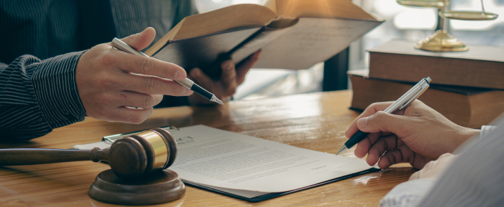 Lawyer discussing estate administration with client, holding a legal book and pointing at a document with a gavel on the table, emphasizing probate and estate management.