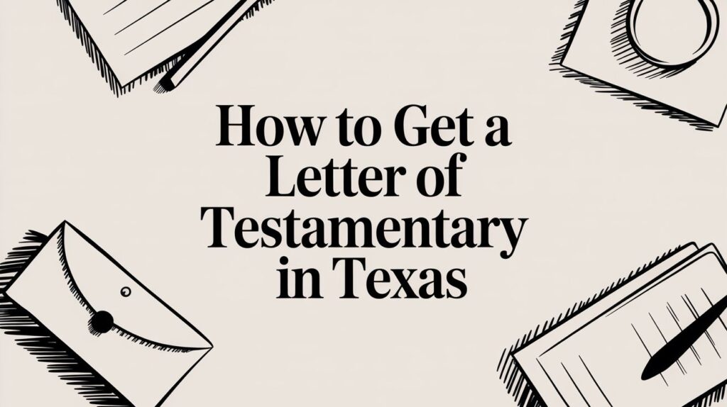 How to Get a Letter of Testamentary in Texas with illustrations of envelopes and writing tools, relevant to Texas probate law guidance.