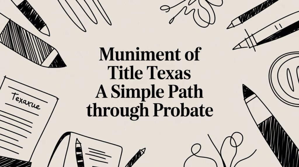 Muniment of Title Texas graphic with text "A Simple Path through Probate" surrounded by desk items like pens and paper, symbolizing efficient estate planning and property transfer.