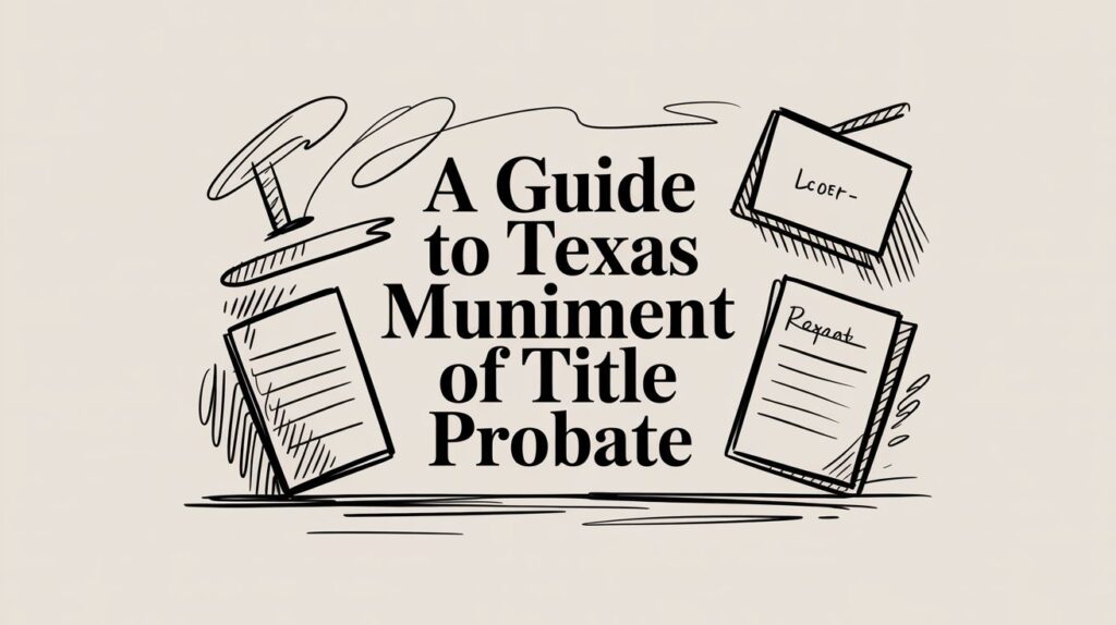A Guide to Texas Muniment of Title Probate with illustrations of documents and a stamp, emphasizing simplified probate processes in Texas.