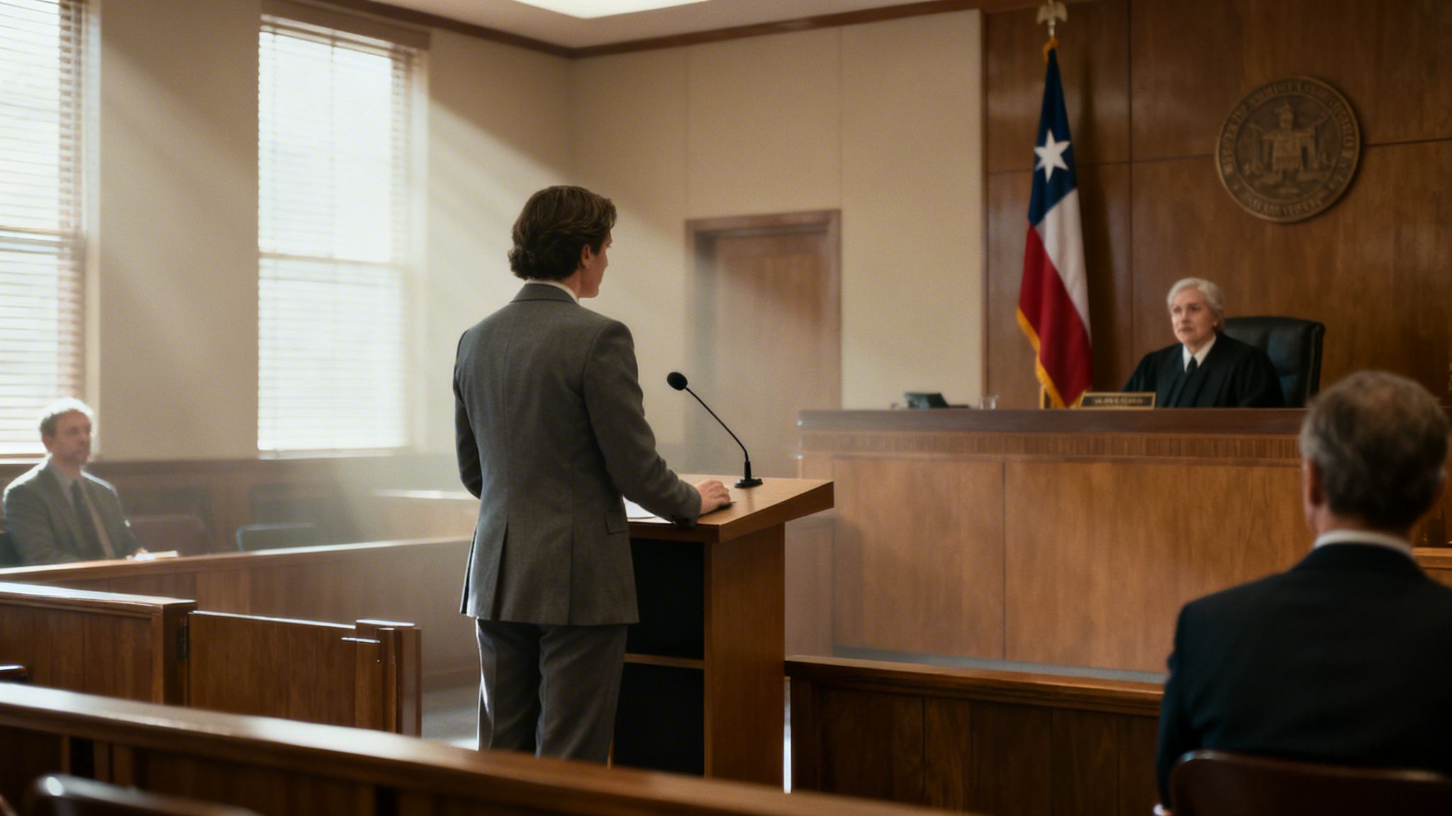 A lawyer addresses the judge in a sunlit courtroom with a Texas flag visible.