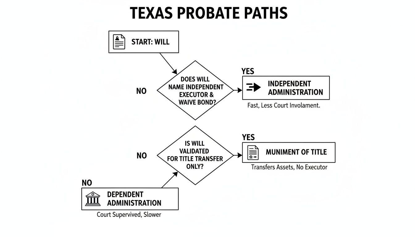 Flowchart detailing Texas probate paths for wills, including independent, dependent administration, and muniment of title.