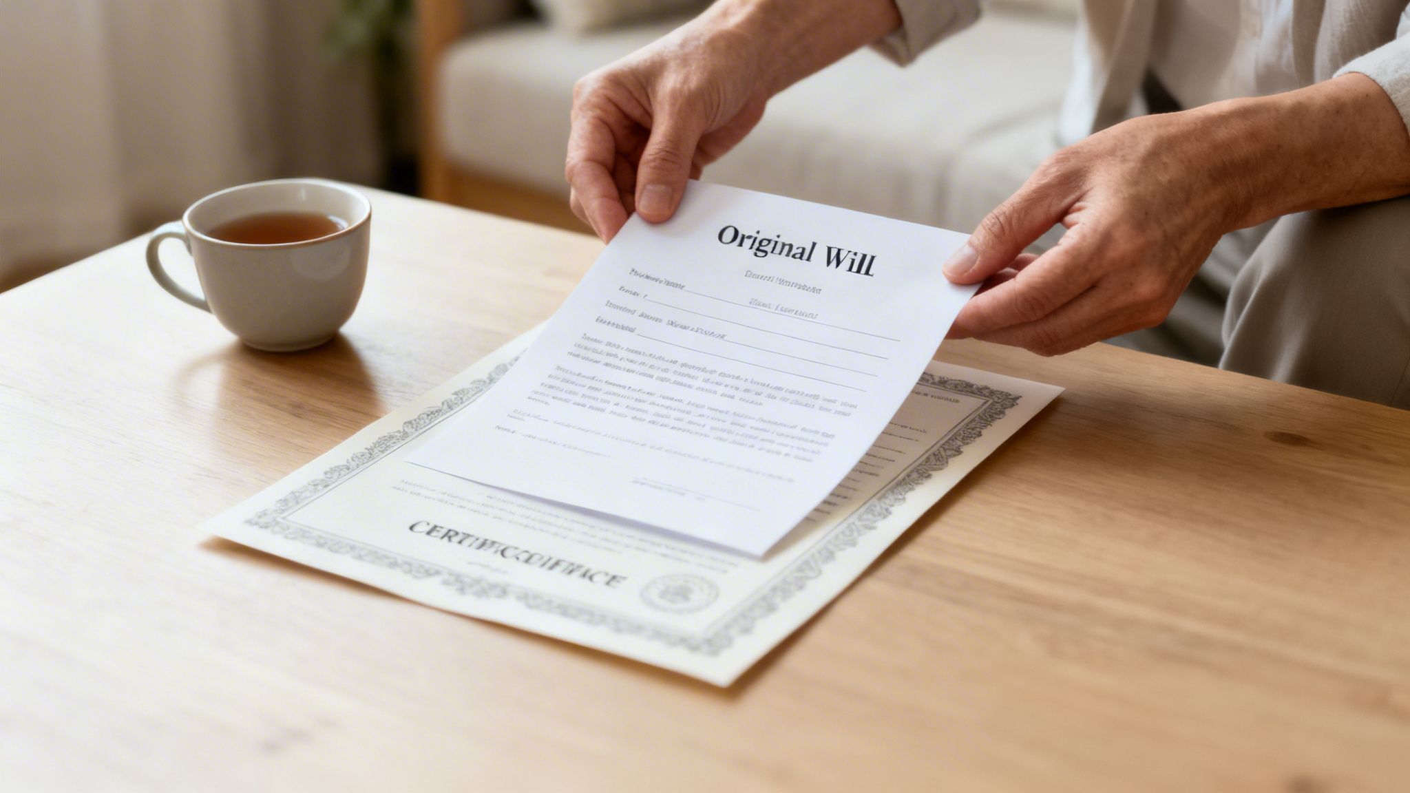 Elderly hands hold an 'Original Will' document over a certificate on a wooden table with a tea cup.