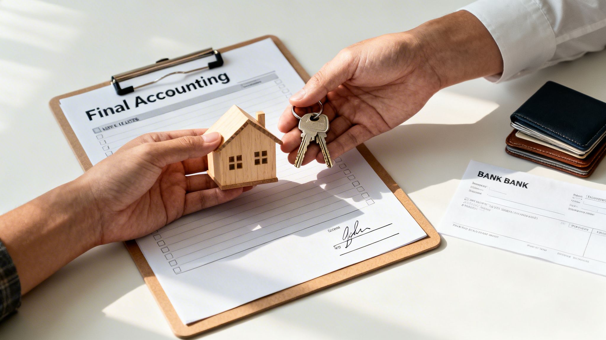 Hands exchanging a miniature wooden house and keys over a 'Final Accounting' document, symbolizing a property transaction.