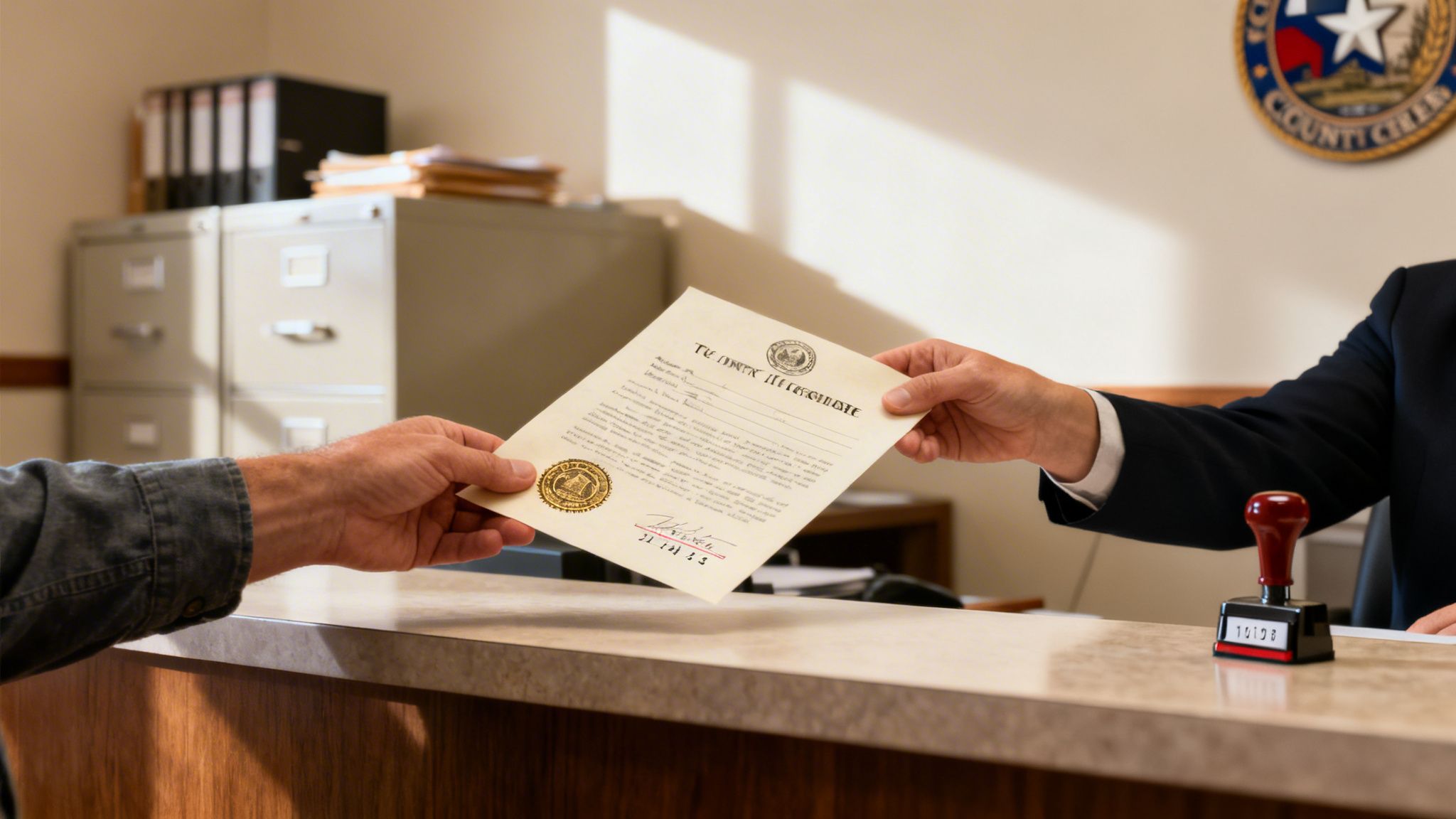 Two people exchange a legal document with official seals over a counter at a government office.