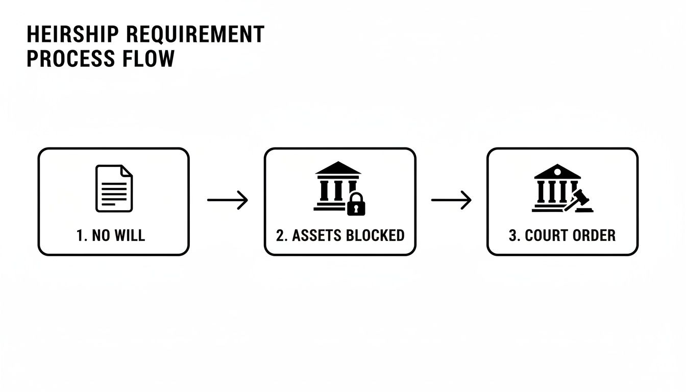 Flowchart showing the heirship requirement process: no will, assets blocked, then court order.