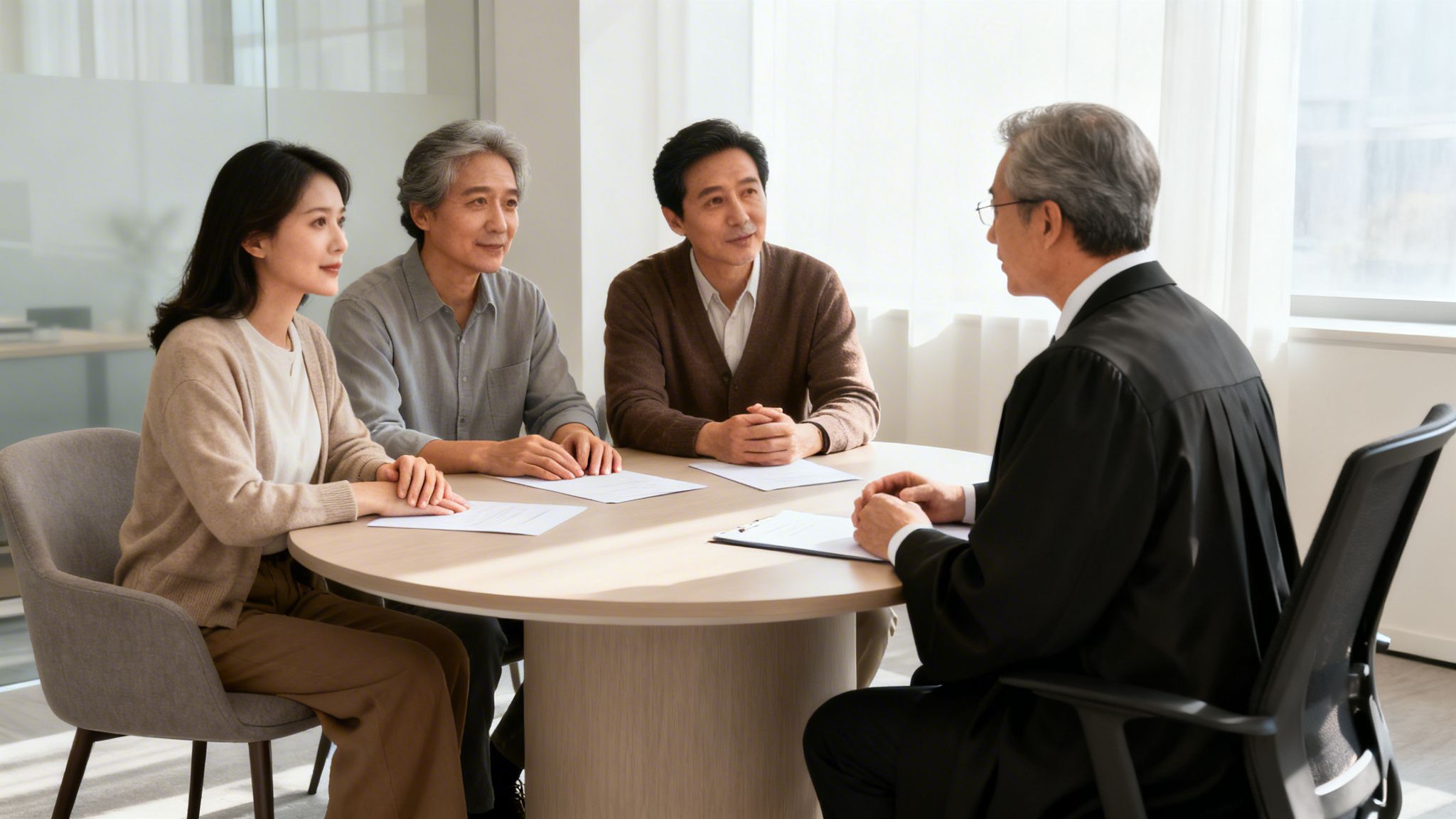 Four Asian people, including a legal professional, discuss documents around a table in an office setting.