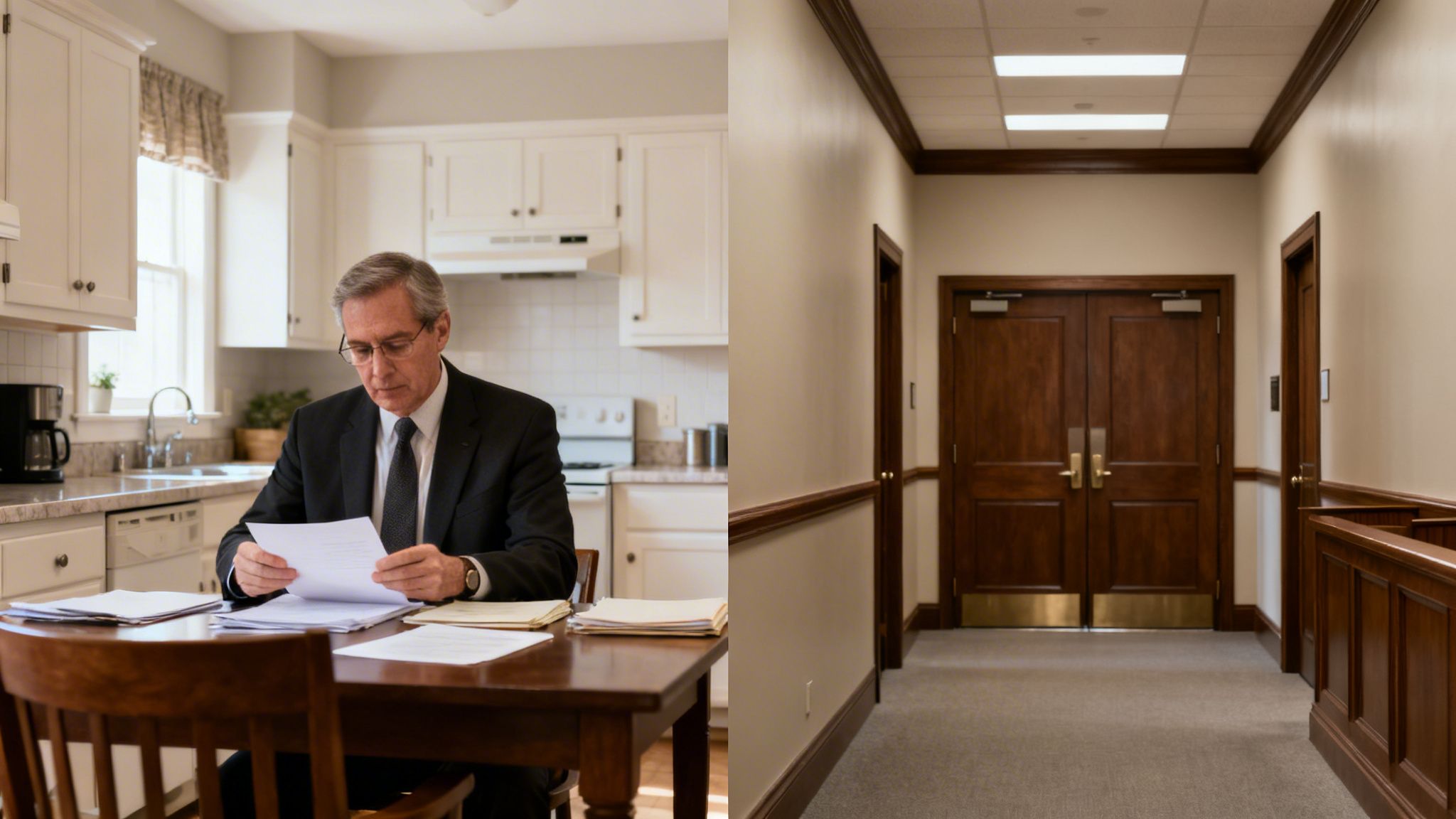 A man in a suit reviews legal documents at a kitchen table, next to a courthouse hallway.