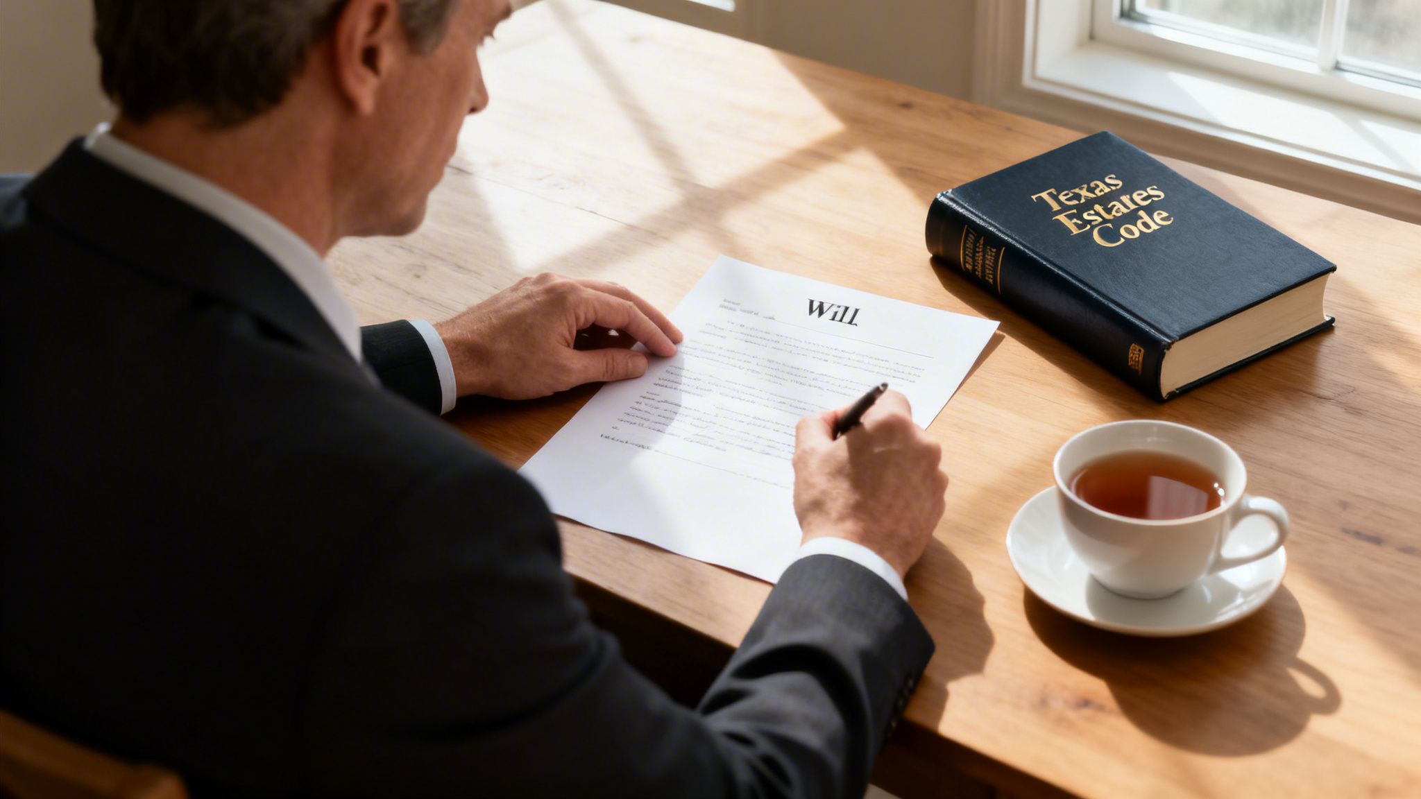 A man in a suit signs a 'Will' document with a 'Texas Estates Code' book nearby.