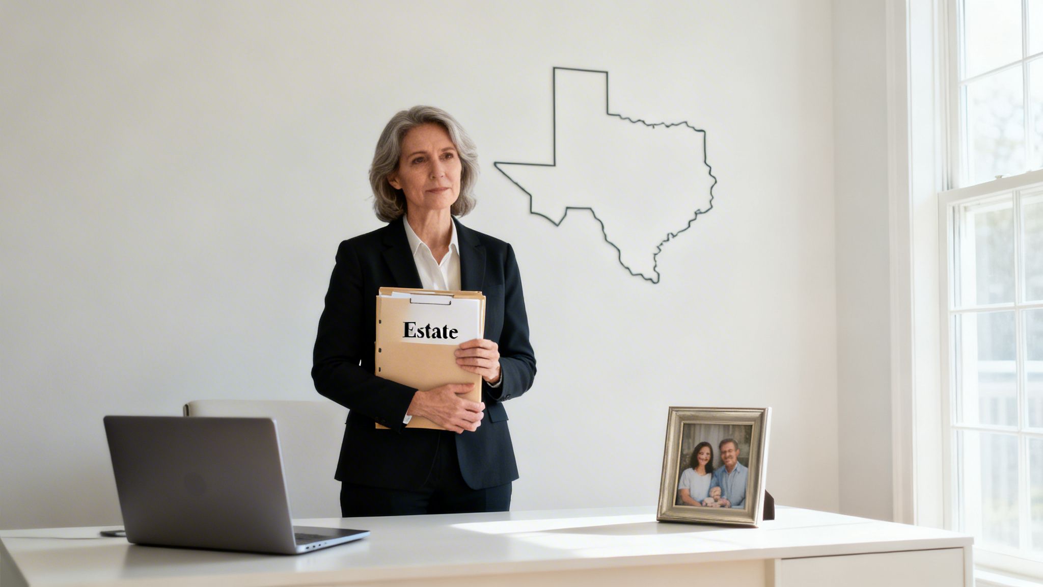 A professional woman holding an 'Estate' folder in an office with a Texas map and family photo.