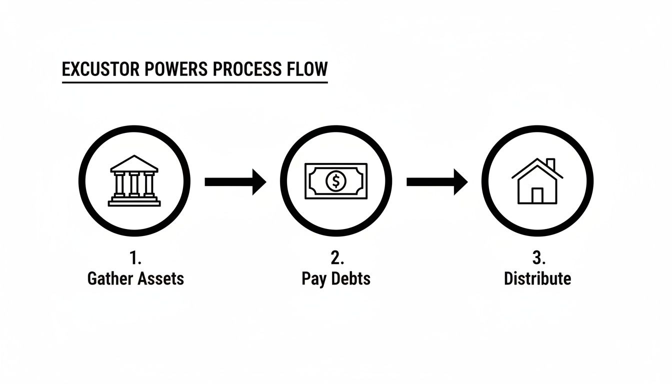 A three-step process flow diagram illustrating excustor powers: gather assets, pay debts, and distribute.