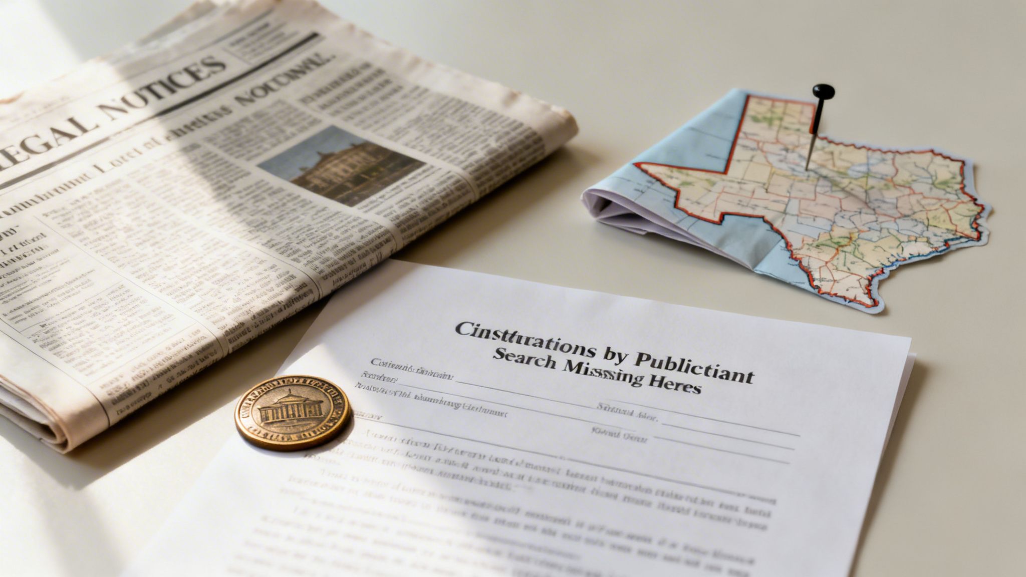 A newspaper with legal notices, a document, a map of Texas, and a gold seal on a desk.