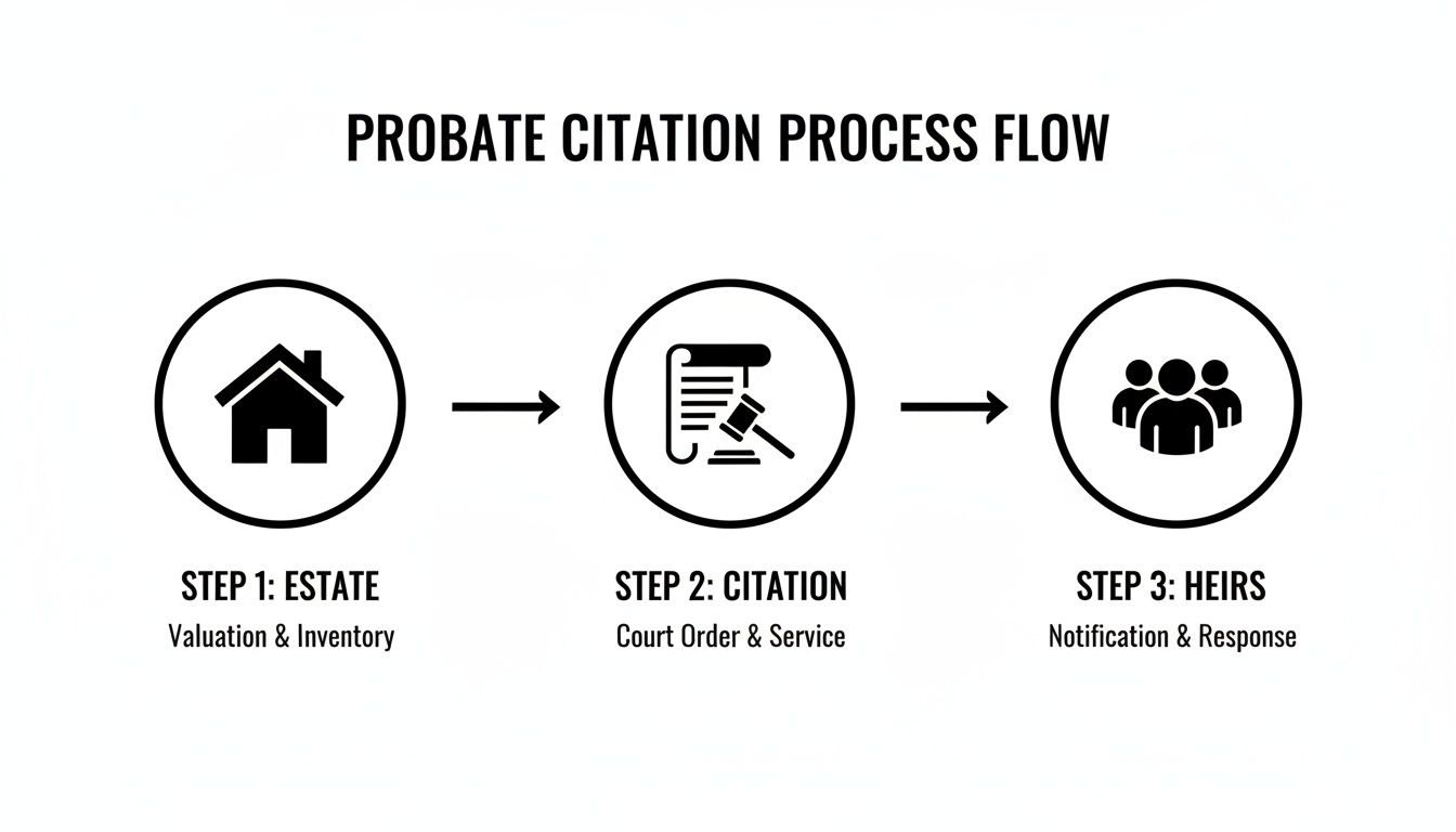 Probate citation process flow diagram illustrating three sequential steps: estate, citation, and heirs.