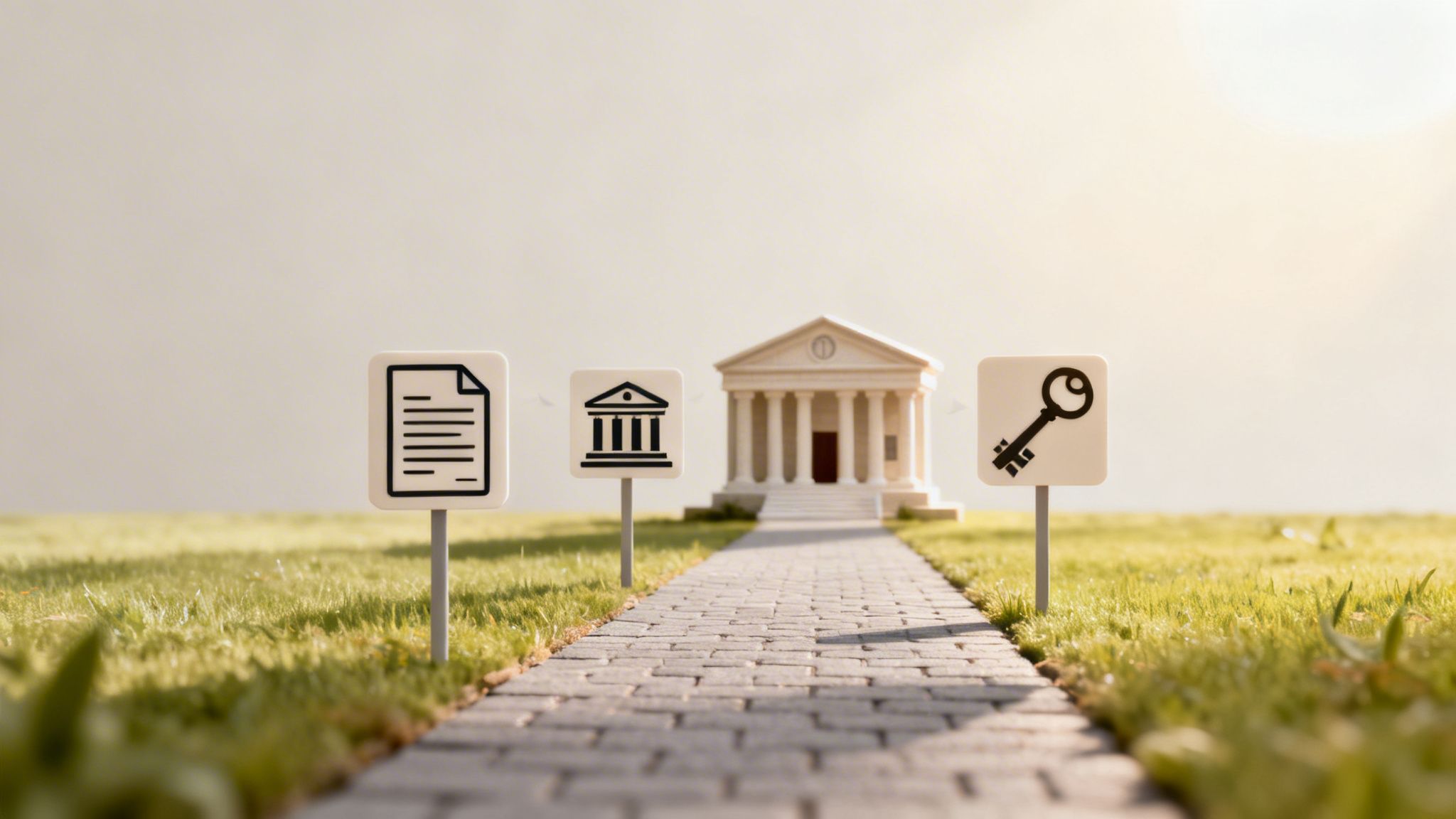 A miniature path with signs representing legal documents, a courthouse, and a key, leading to a building.