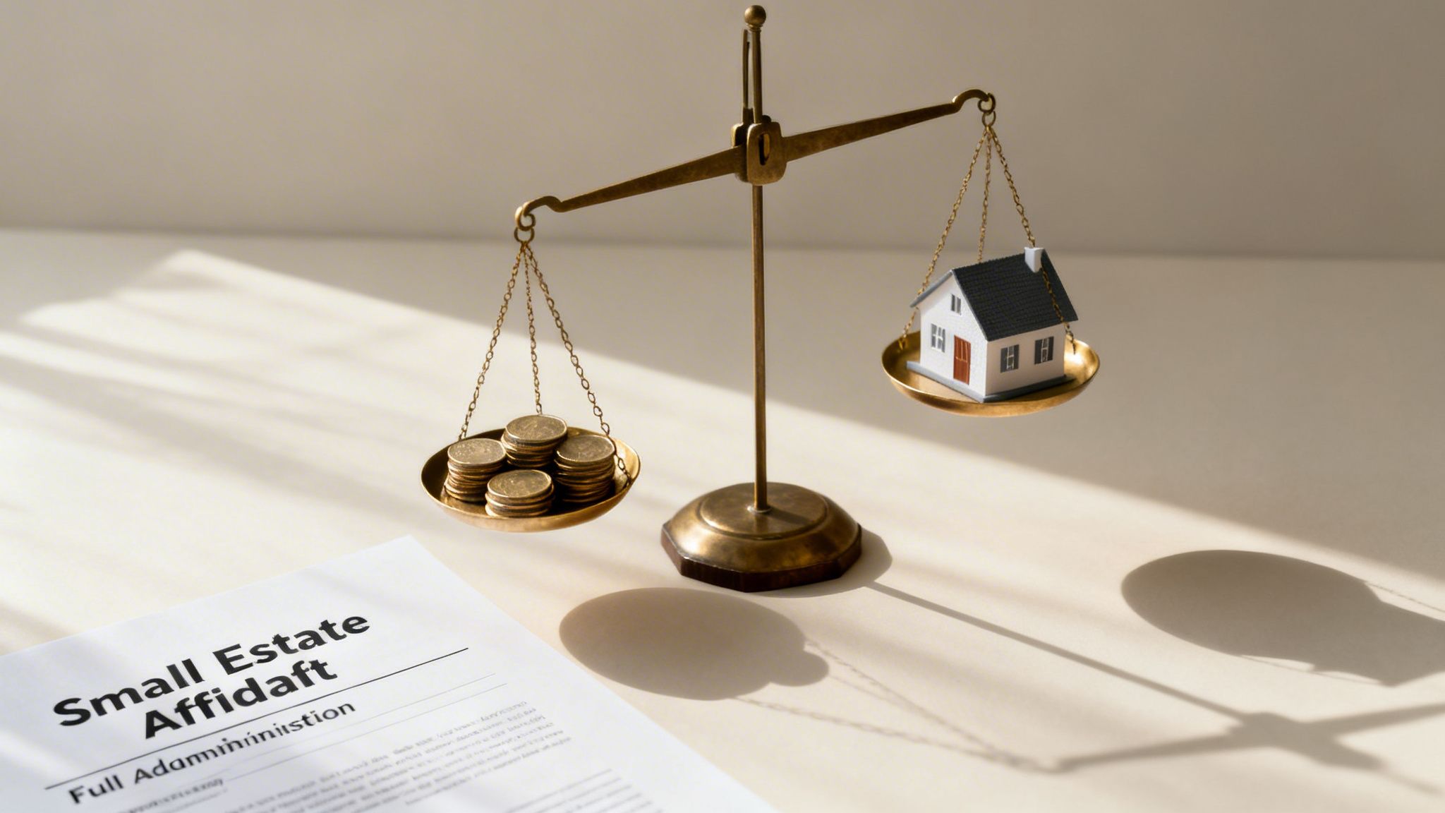 A balance scale weighs money against a house, symbolizing estate planning beside a legal document.