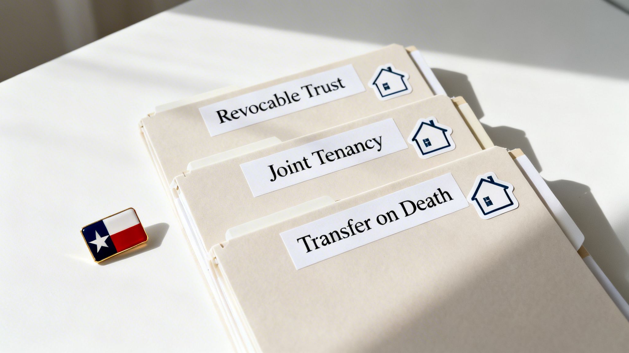 File folders labeled Revocable Trust, Joint Tenancy, Transfer on Death, with house icons and a Texas flag pin.