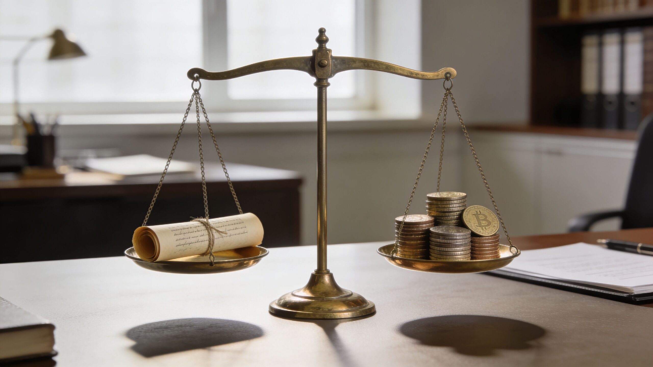 A brass scale of justice balancing a legal scroll against a stack of metallic gold coins representing cryptocurrency.