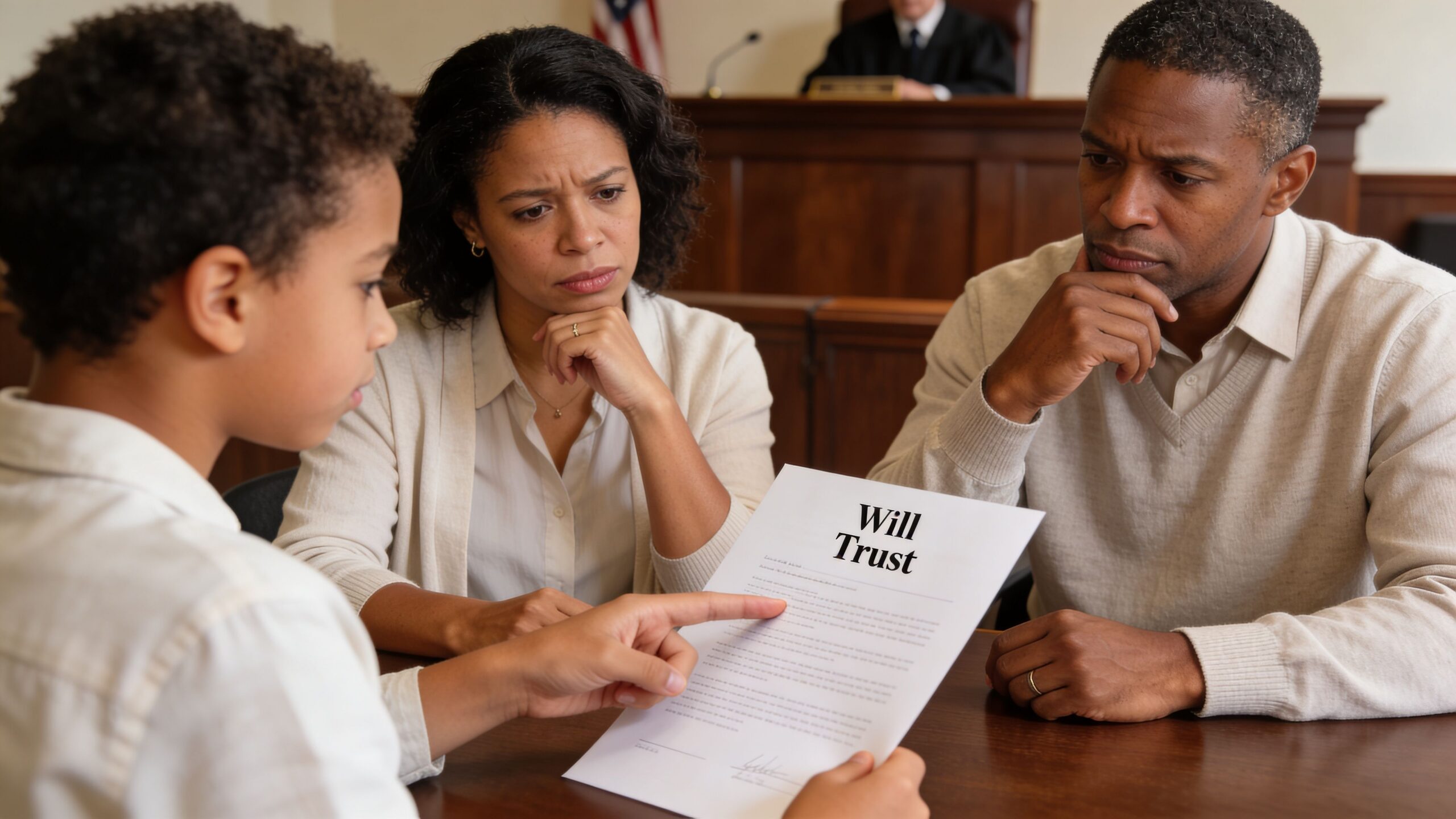A family sits in a courtroom reviewing a legal document titled Will Trust together with concern.