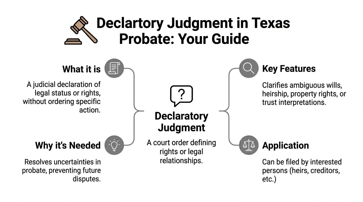 An infographic explaining declaratory judgments in Texas probate, detailing their purpose, features, and application.
