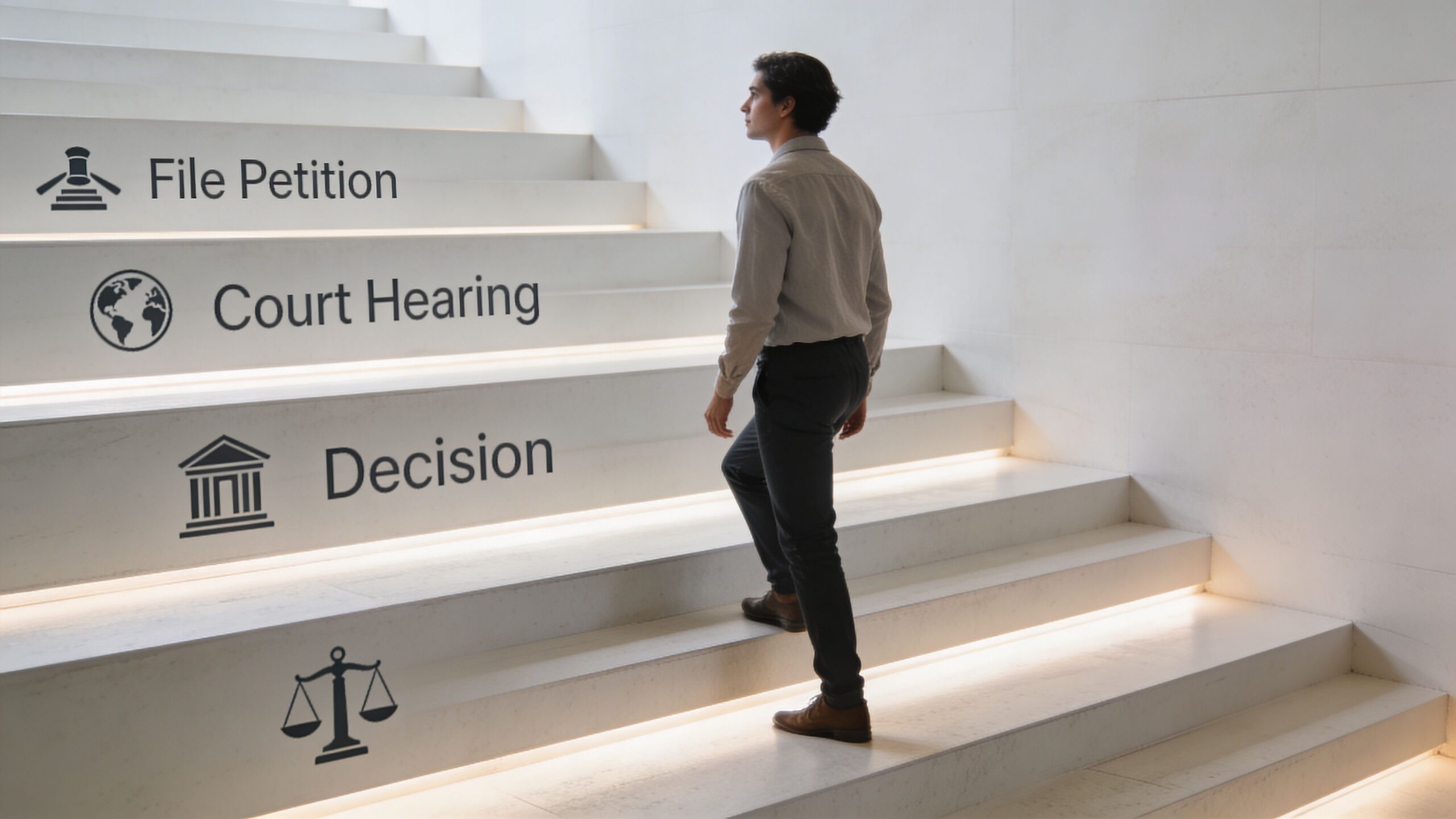 A man walking up a white staircase with icons and text representing legal steps in a lawsuit.