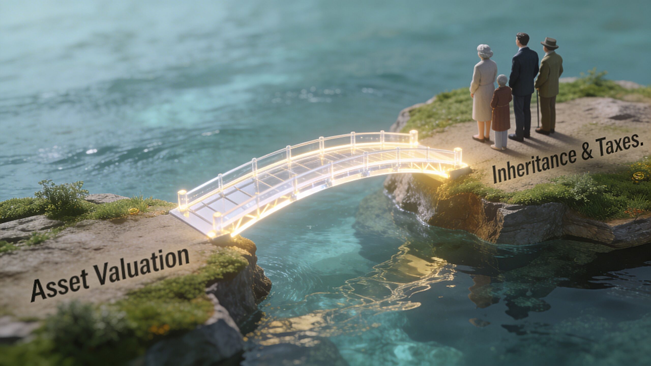 A conceptual bridge connecting a cliff labeled Asset Valuation to a cliff representing Inheritance and Taxes.
