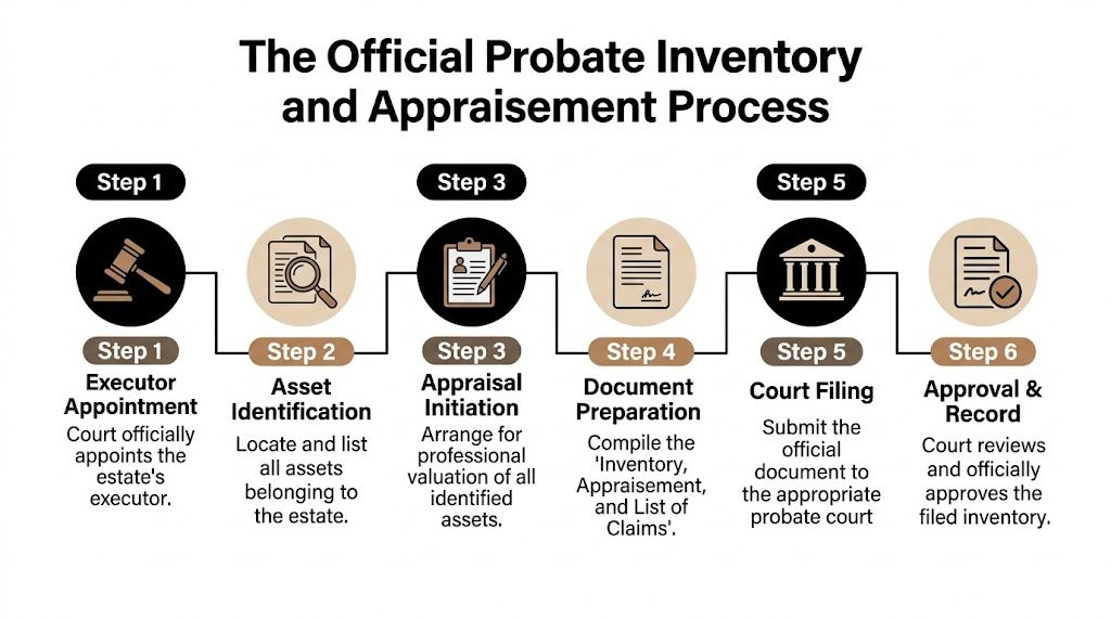 A flow chart illustrating the six-step official probate inventory and appraisement process for an estate.