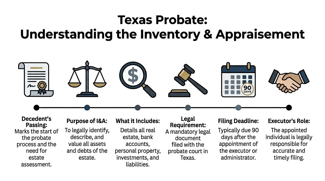 A timeline graphic explaining the Texas probate inventory and appraisement process for executors and legal administrators.