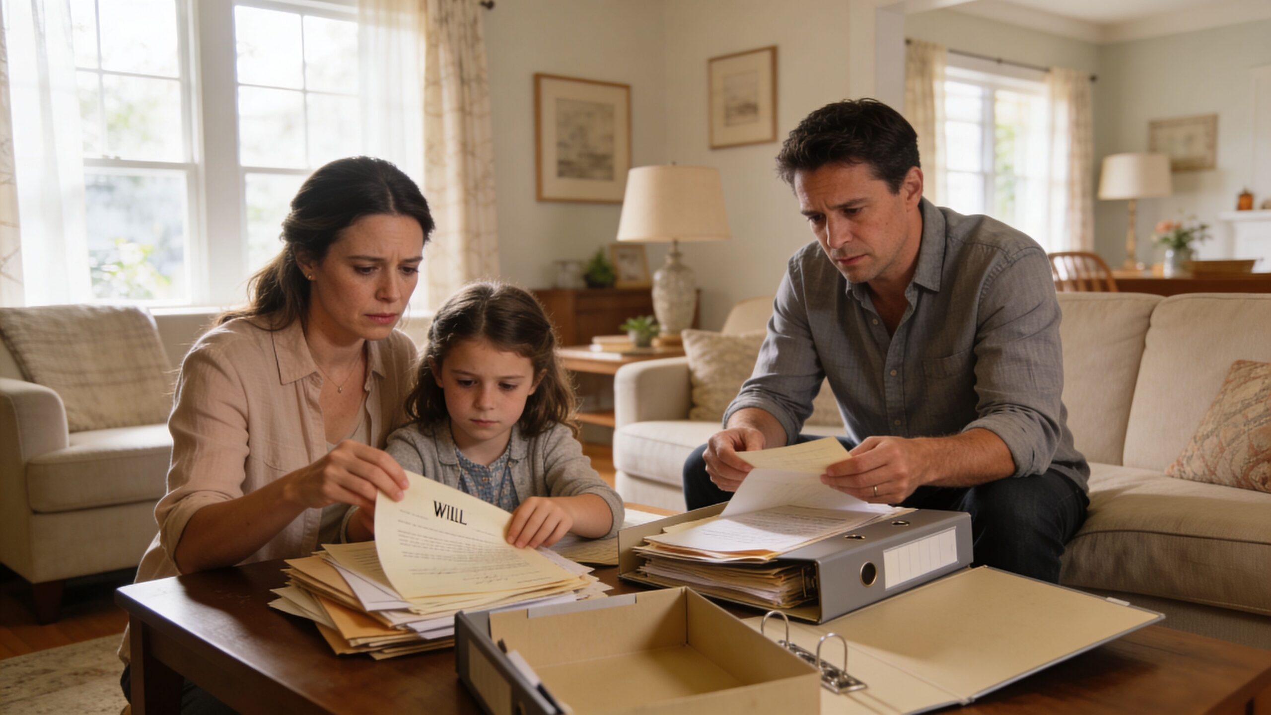 A concerned family sits at a coffee table reviewing important legal documents including a last will.