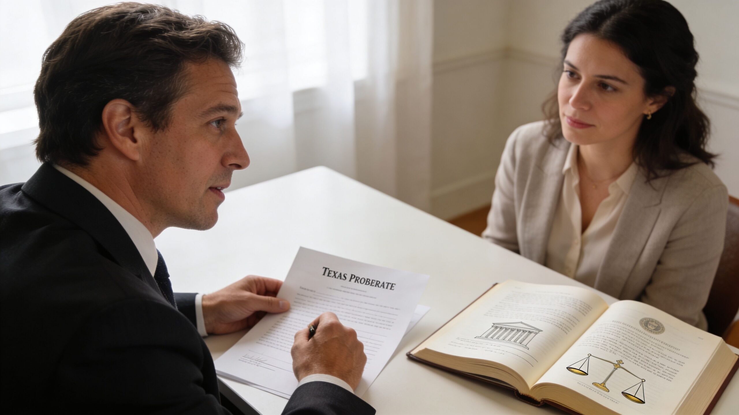 A male lawyer discussing probate documents with a female client in a professional office setting.