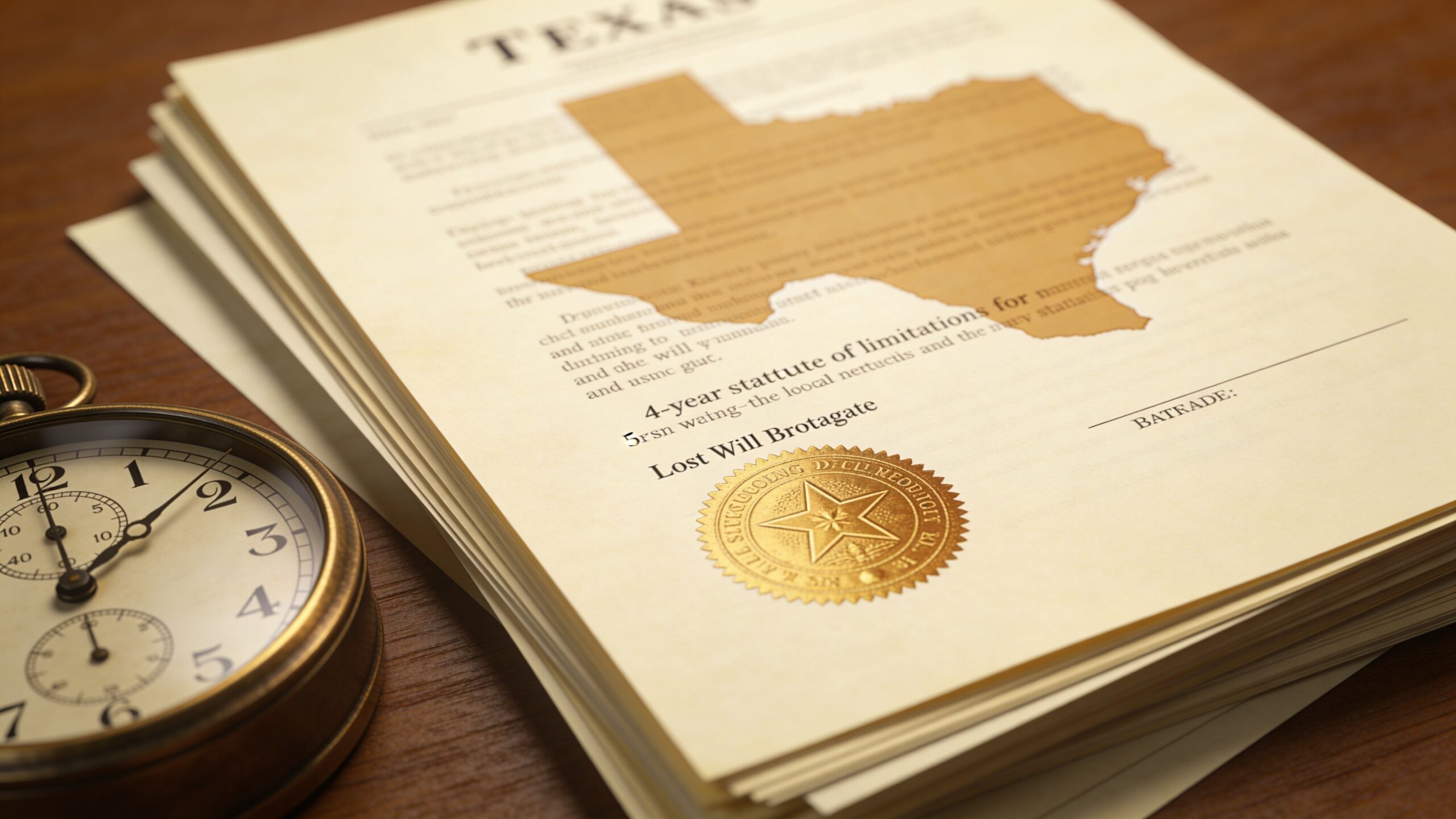 A stack of legal documents about Texas probate law next to an antique pocket watch on a desk.