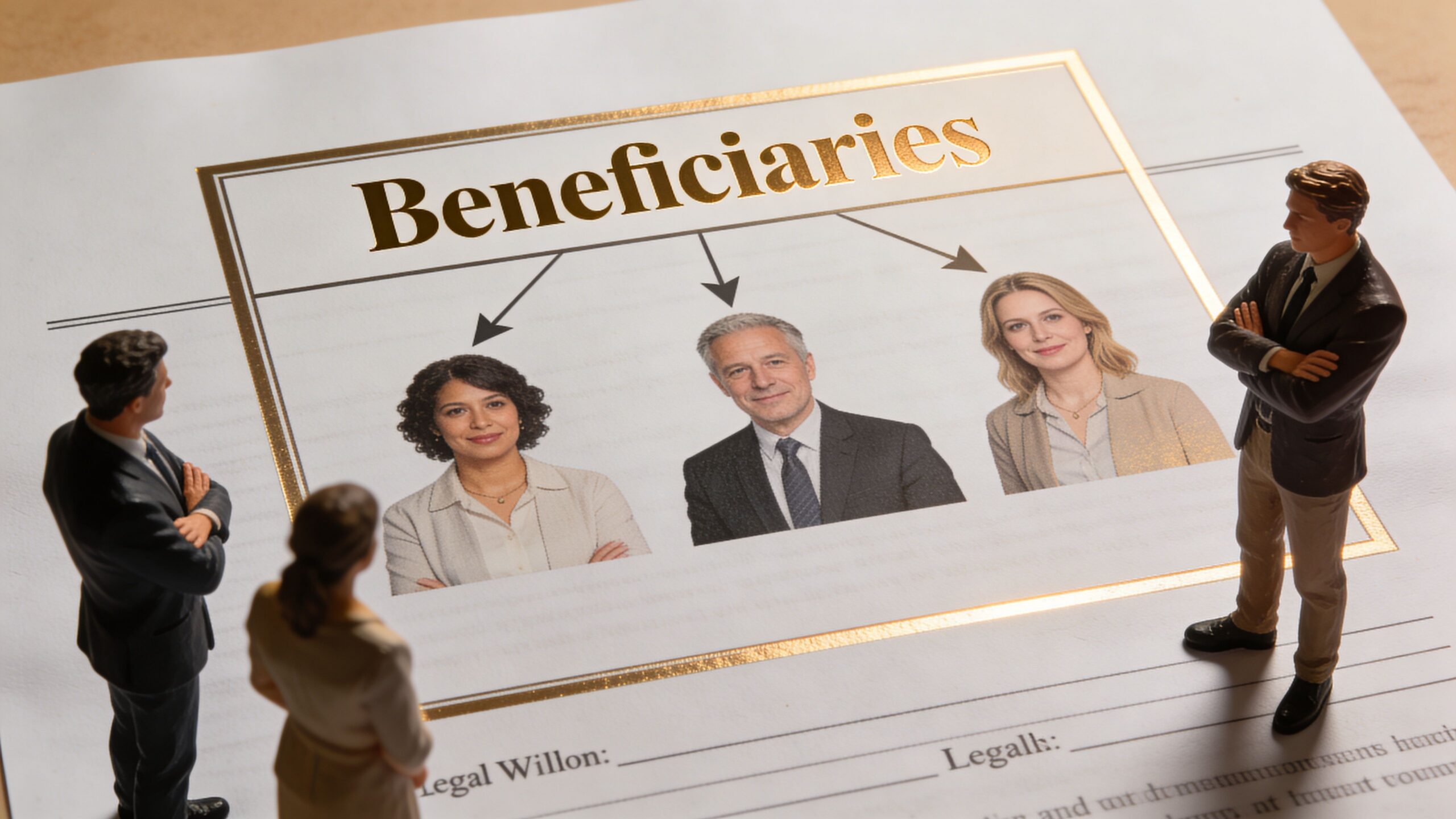 Miniature figures standing next to a legal document detailing beneficiaries of a will with headshots.