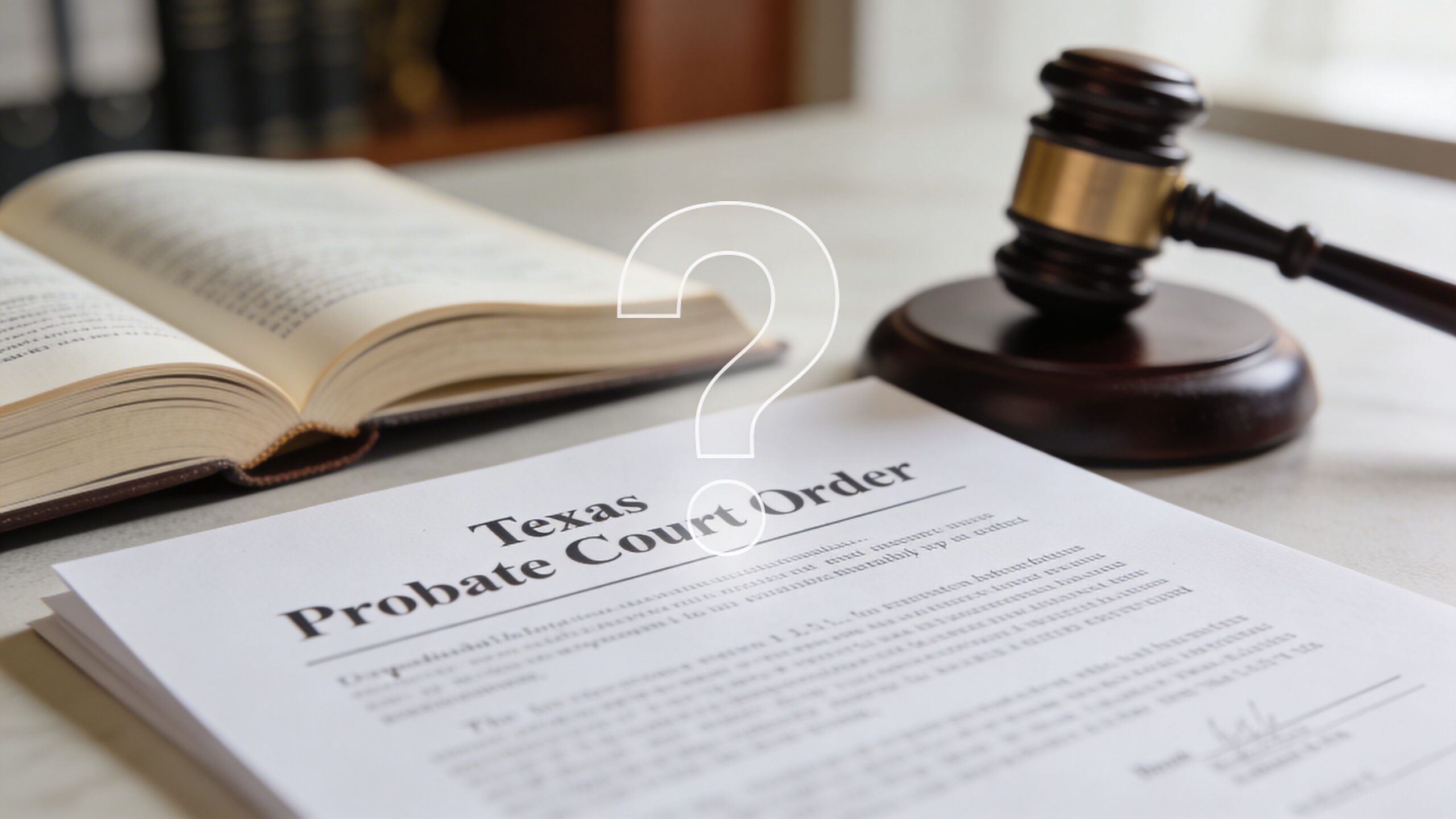 A gavel and an open law book placed next to a legal document titled Texas Probate Court Order.