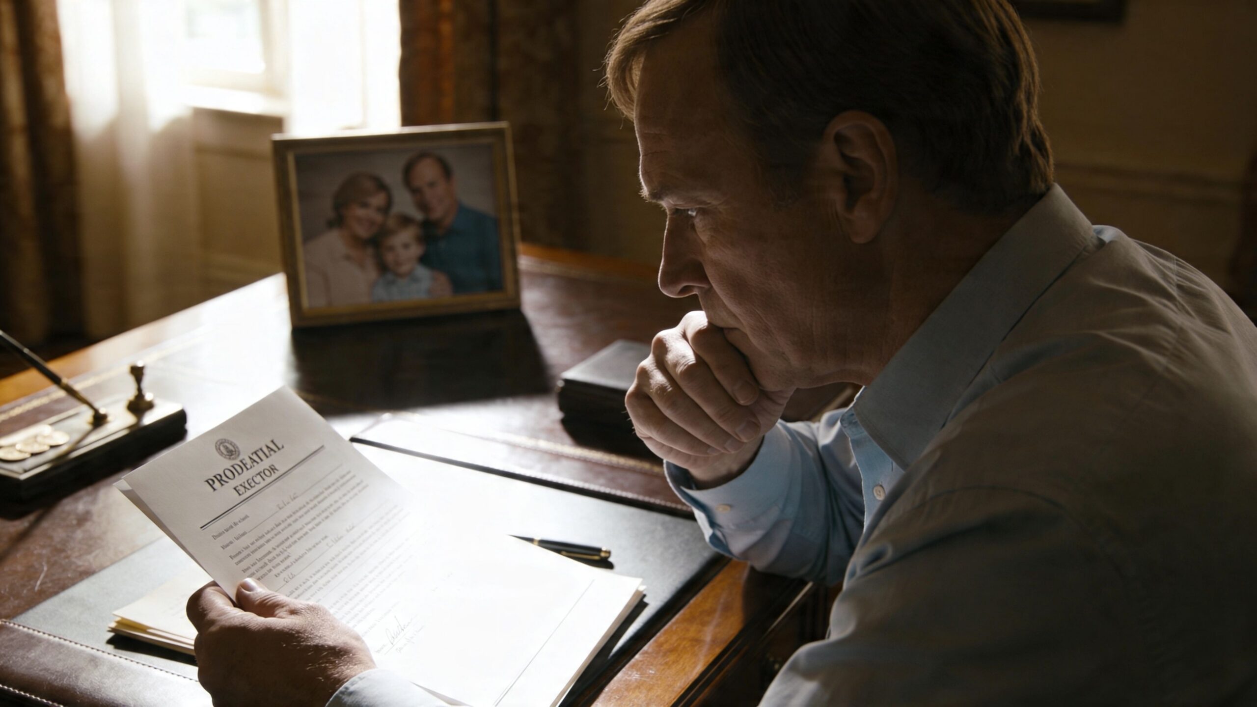 An older man sitting at a desk reading a legal document with a family photo in the background.