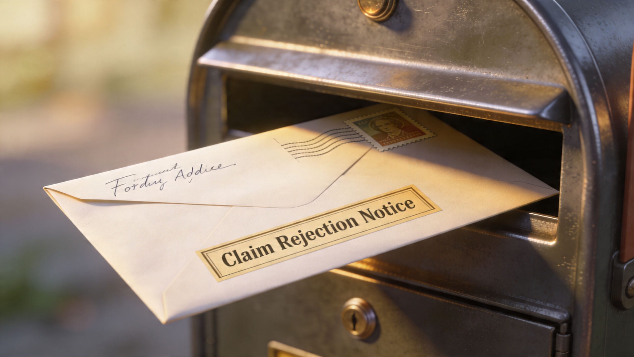 A close-up view of a letter labeled Claim Rejection Notice being placed inside a metal mailbox.