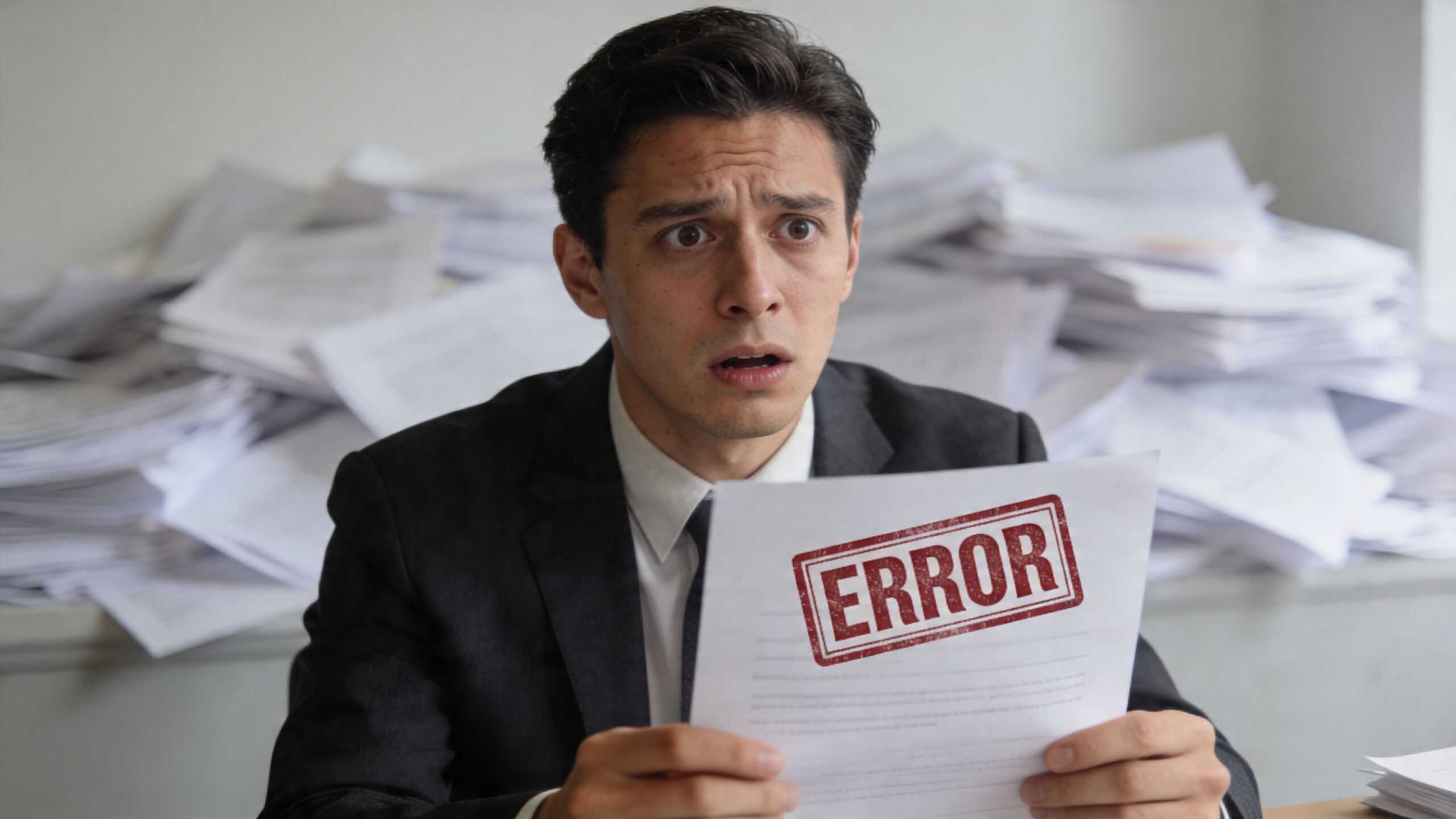 A distressed businessman looking at a document stamped with a red ERROR label amidst piles of paperwork.