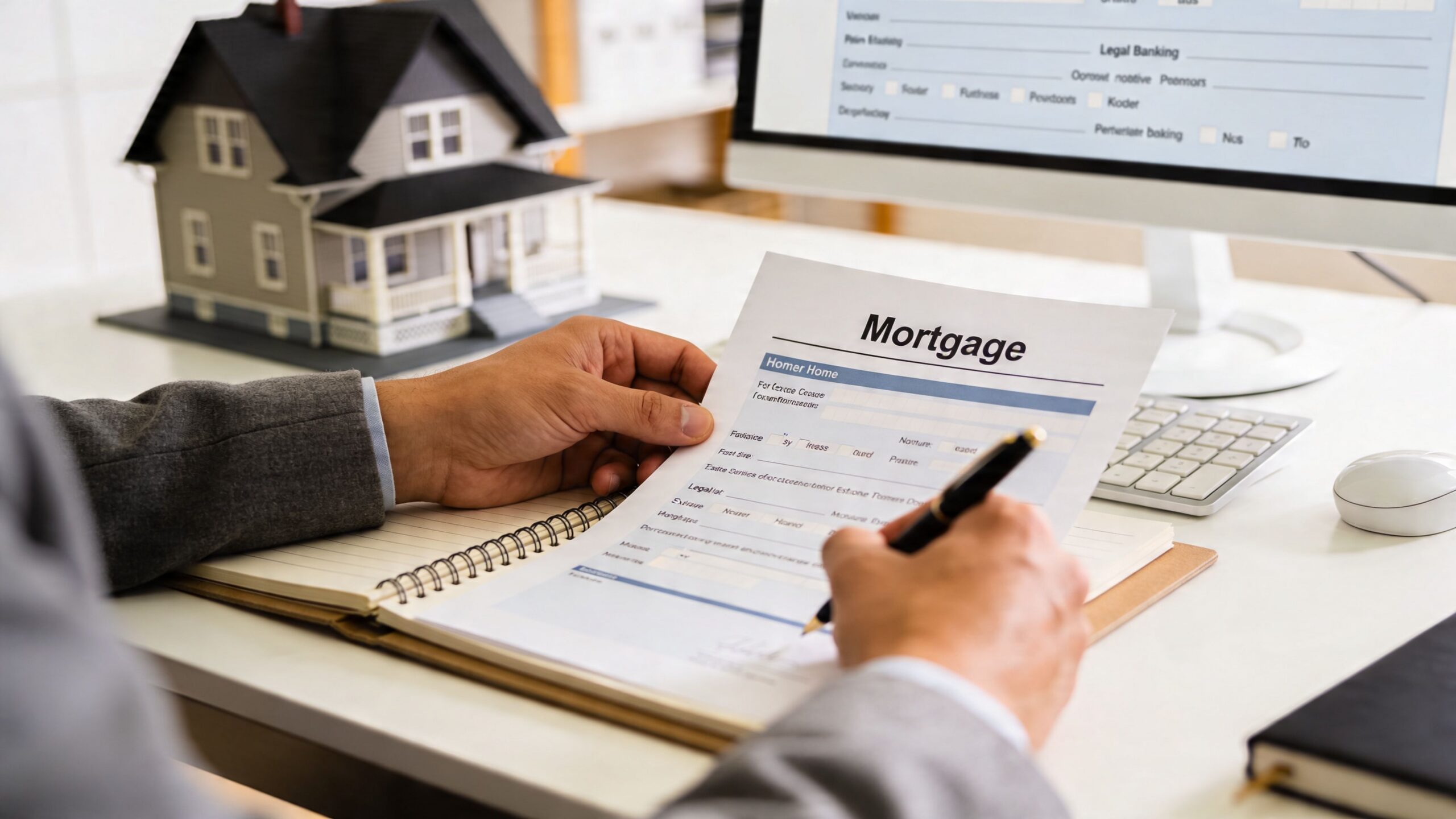 A professional analyzing a mortgage document with a miniature house model on a desk in an office.