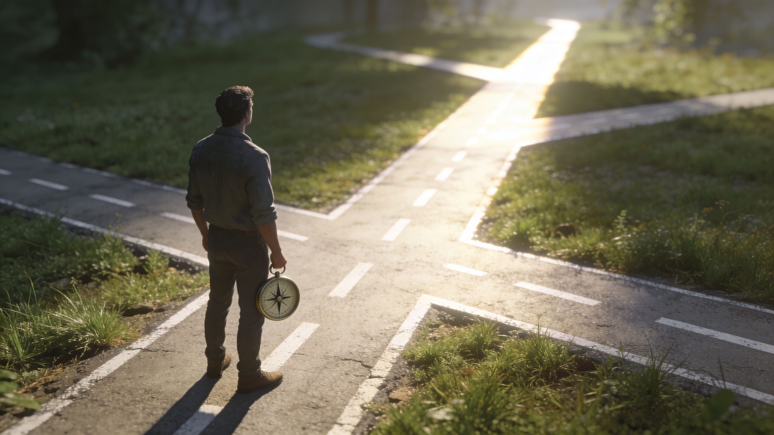 A man standing at a path fork holding a compass, choosing between different directions in a park.